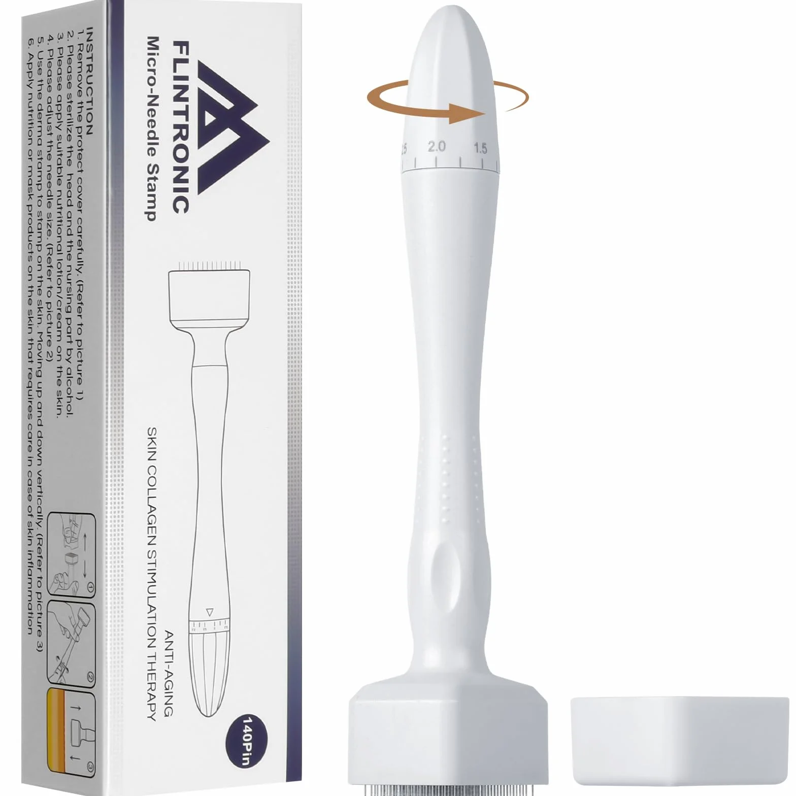 Flintronic Microneedling twarzy, 0-3 mm Derma Roller, regulowany Dermastamp, z 140 tytanowymi igłami, gładka pielęgnacja skóry w domu, do skóry, włosów, zmarszczek, rozstępów (biały)