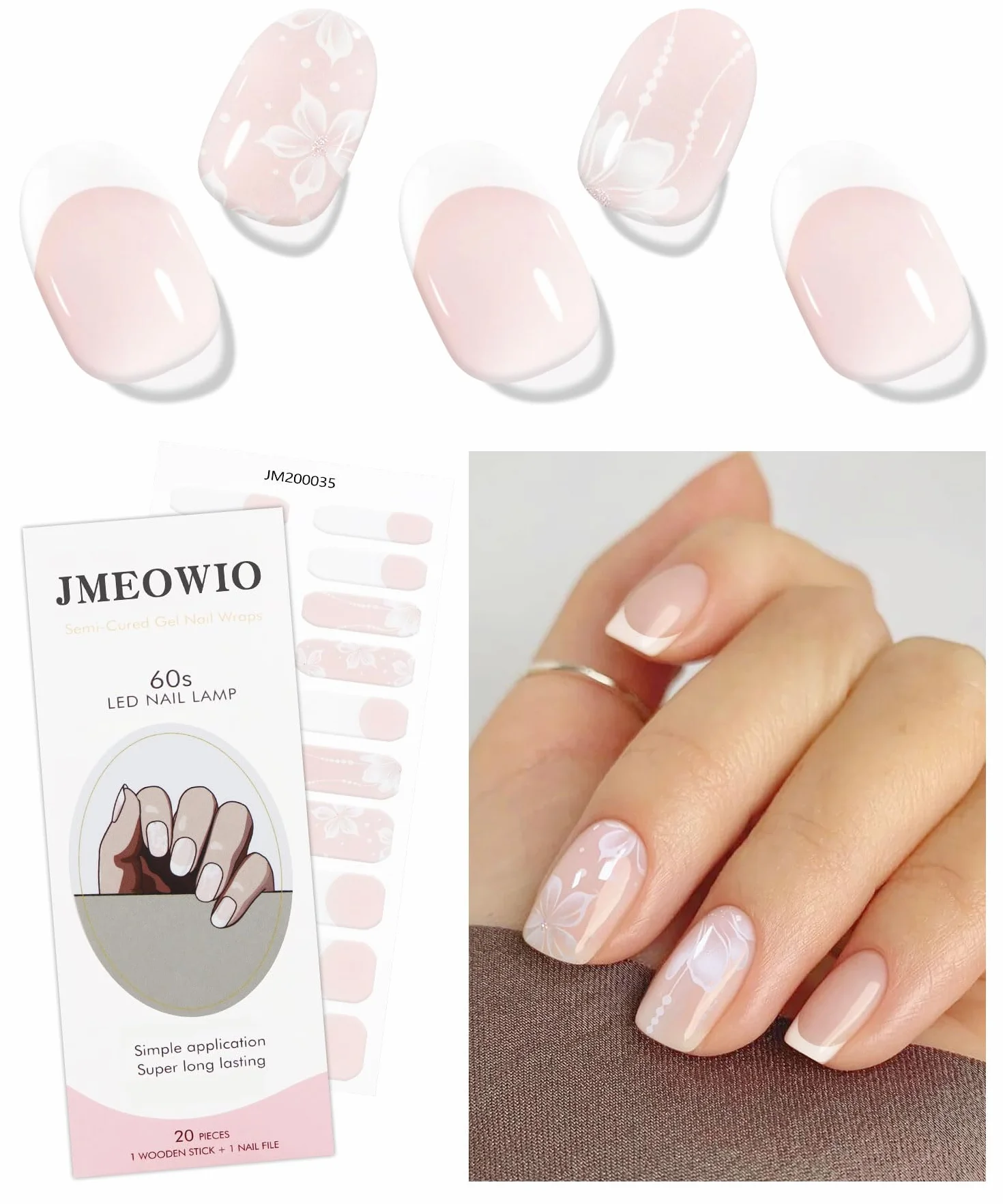 JMEOWIO Folia do paznokci French Tip białe kwiaty żelowe folie do paznokci samoprzylepne naklejki na paznokcie utwardzane UV dekoracja akcesoria do stylizacji paznokci