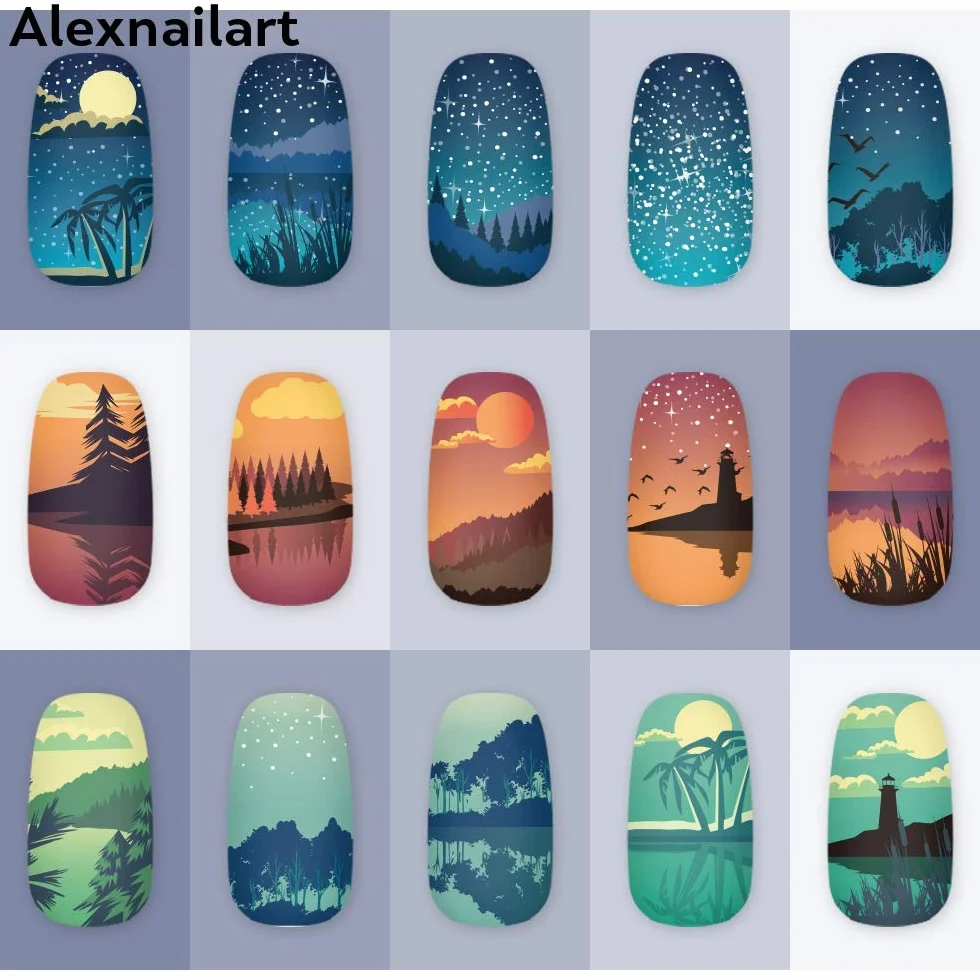 Tłoczenie paznokci talerz obraz szablon natura sceneria zachód słońca gwiaździste niebo drzewo kokosowe jezioro odbicie wzory stempel zdobienie paznokci dekoracja DIY manicure design narzędzie do drukowania