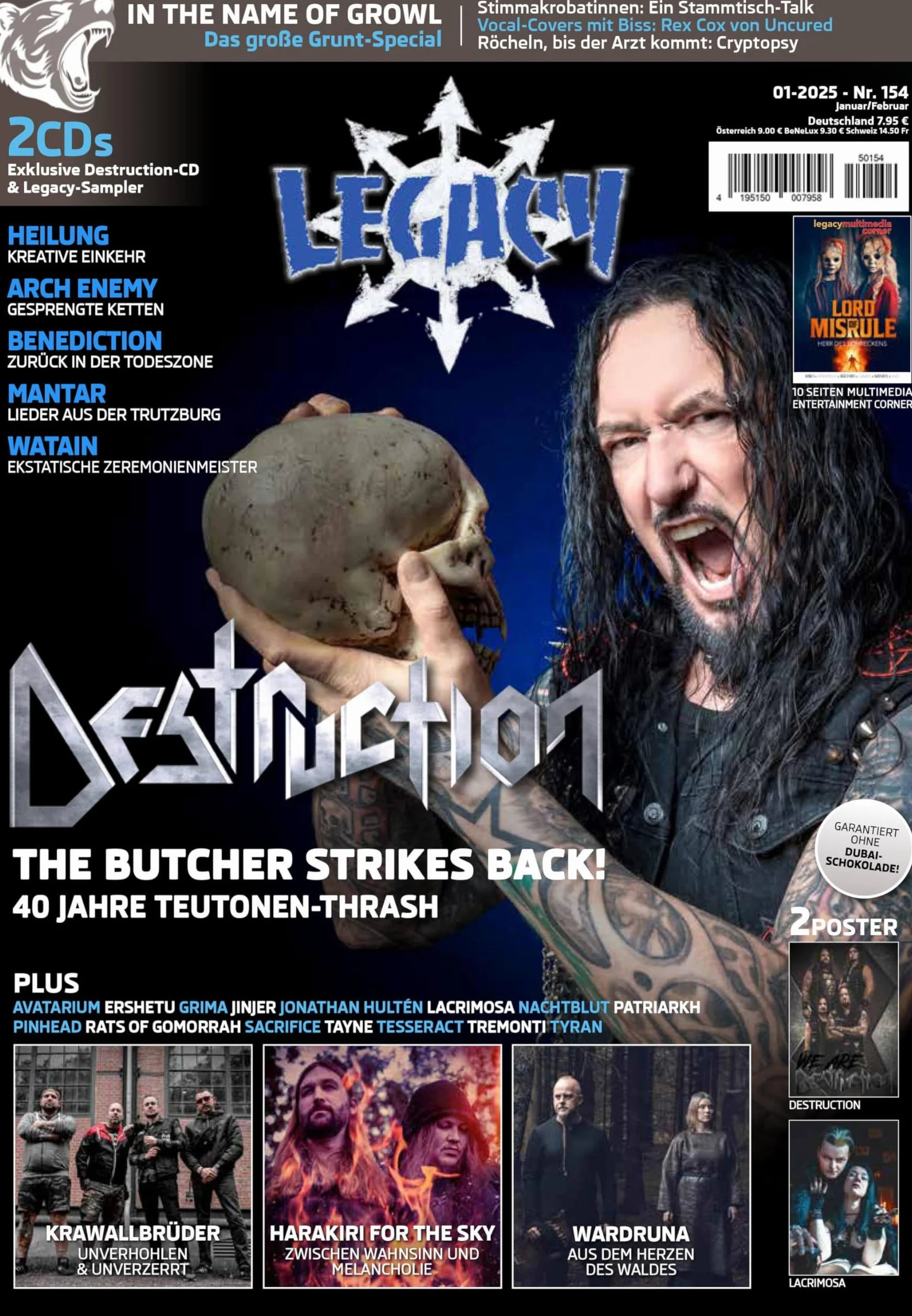 LEGACY MAGAZIN: THE VOICE FROM THE DARKSIDE. Ausgabe #154 (1/2025): mit DESTRUCTION samt exklusiver CD-Beilage sowie KRAWALLBRÜDER, WARDRUNA und HARAKIRI FOR THE SKY