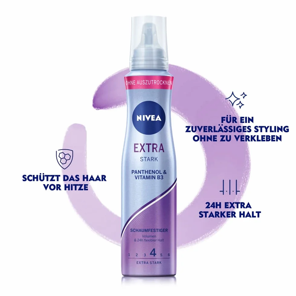 NIVEA Bardzo mocna pianka do włosów (150 ml), pielęgnująca pianka do włosów z pantenolem i witaminą B3, niezawodna pianka objętościowa do stylizacji z utrzymaniem przez 24 h