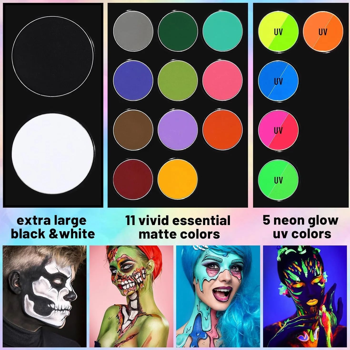 UCANBE Halloween Farba do twarzy 18 kolorów z dużą bielą, czernią, malowanie twarzy UV, malowanie ciała aktywowane wodą farby do makijażu, kolory brzucha ciąża bezpieczne