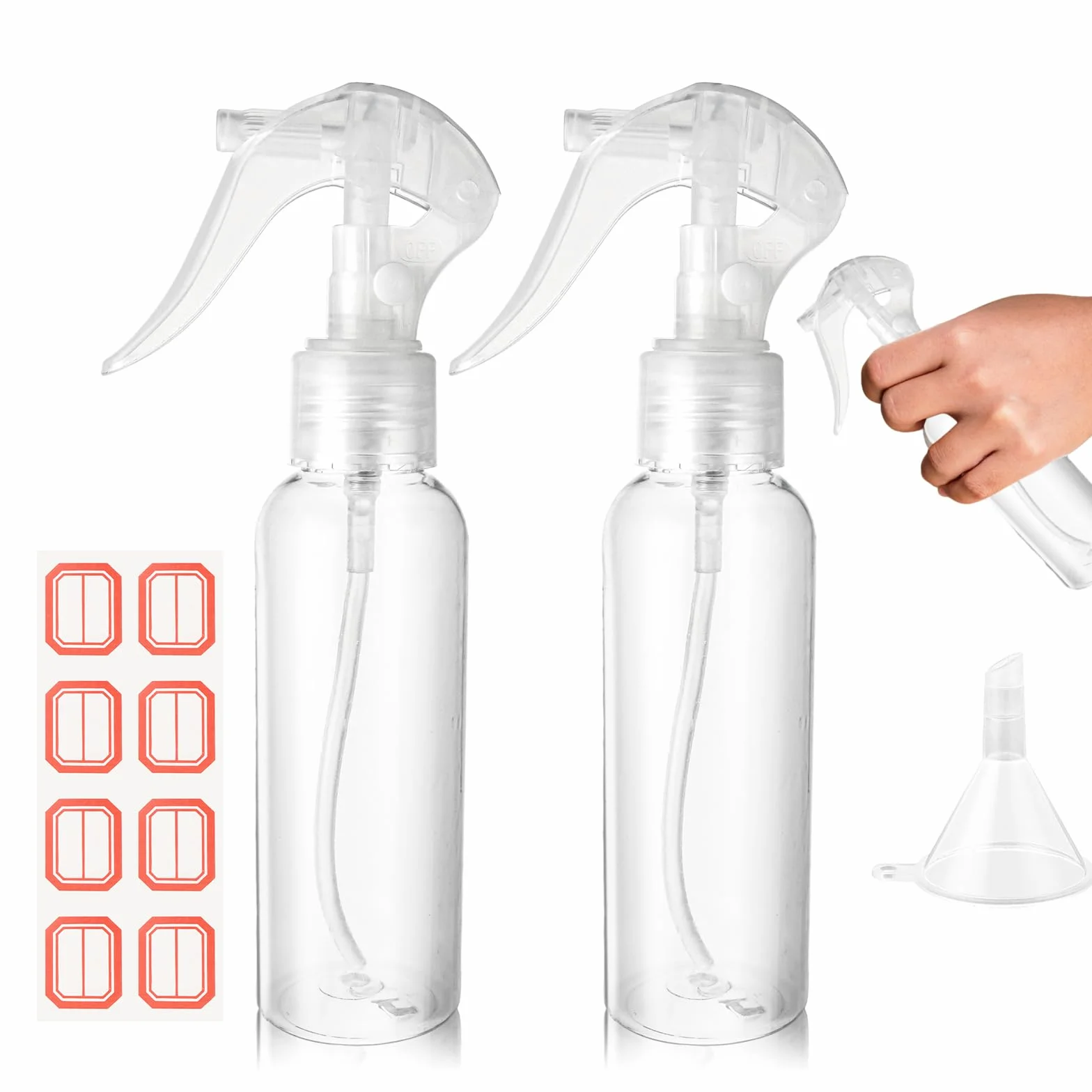 COMNICO Małe butelki z rozpylaczem 100 ml przezroczysta plastikowa pusta butelka podróżna z etykietami lejków