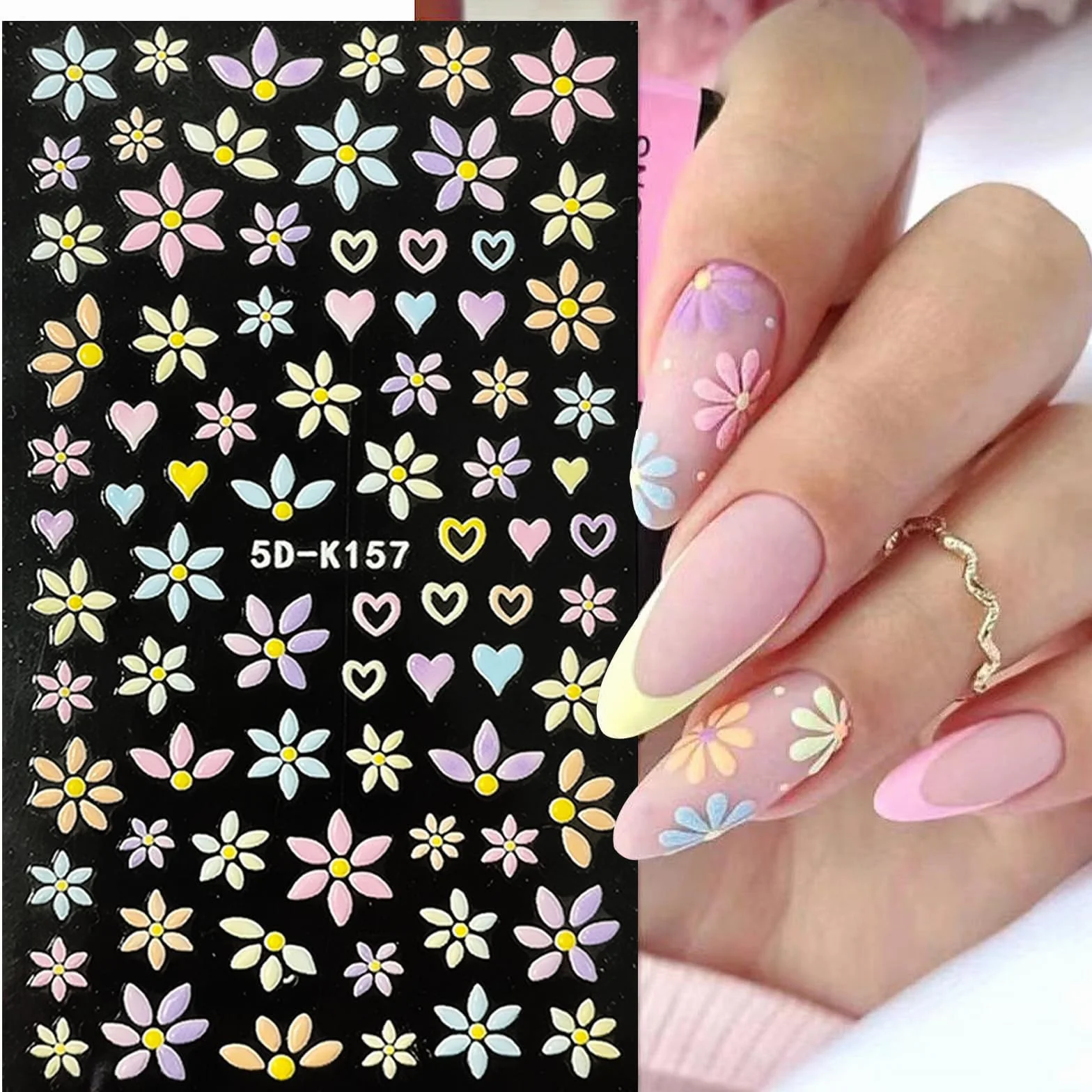 VelvetGlow Nail Art naklejka 5D drukowane kolorowe kwiaty naklejki na paznokcie samoprzylepne wiosna lato serce stokrotka akcesoria do paznokci 3D projekt paznokci dla kobiet dekoracja paznokci