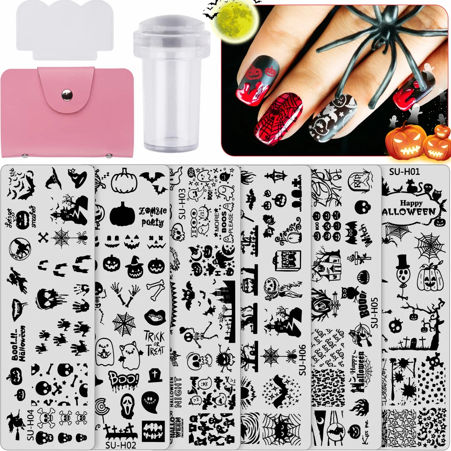EBANKU 6 szablonów do stempli do paznokci, płytki do stemplowania paznokci, Halloween, czaszka ducha, pajęczyna, dynia, manicure, szablony do manicure, z 1 stemplem + 1 skrobakiem + 1 woreczkiem do