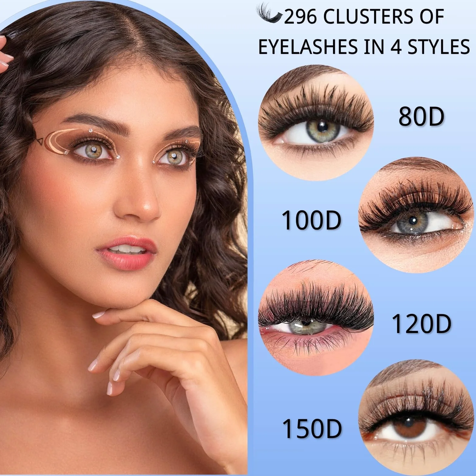 KEYRI 296 szt. sztuczne rzęsy 80-150D Curl puszyste rosyjskie przedłużanie rzęs indywidualne naturalne rzęsy dla dziewcząt i kobiet (10-18 mm Mix)