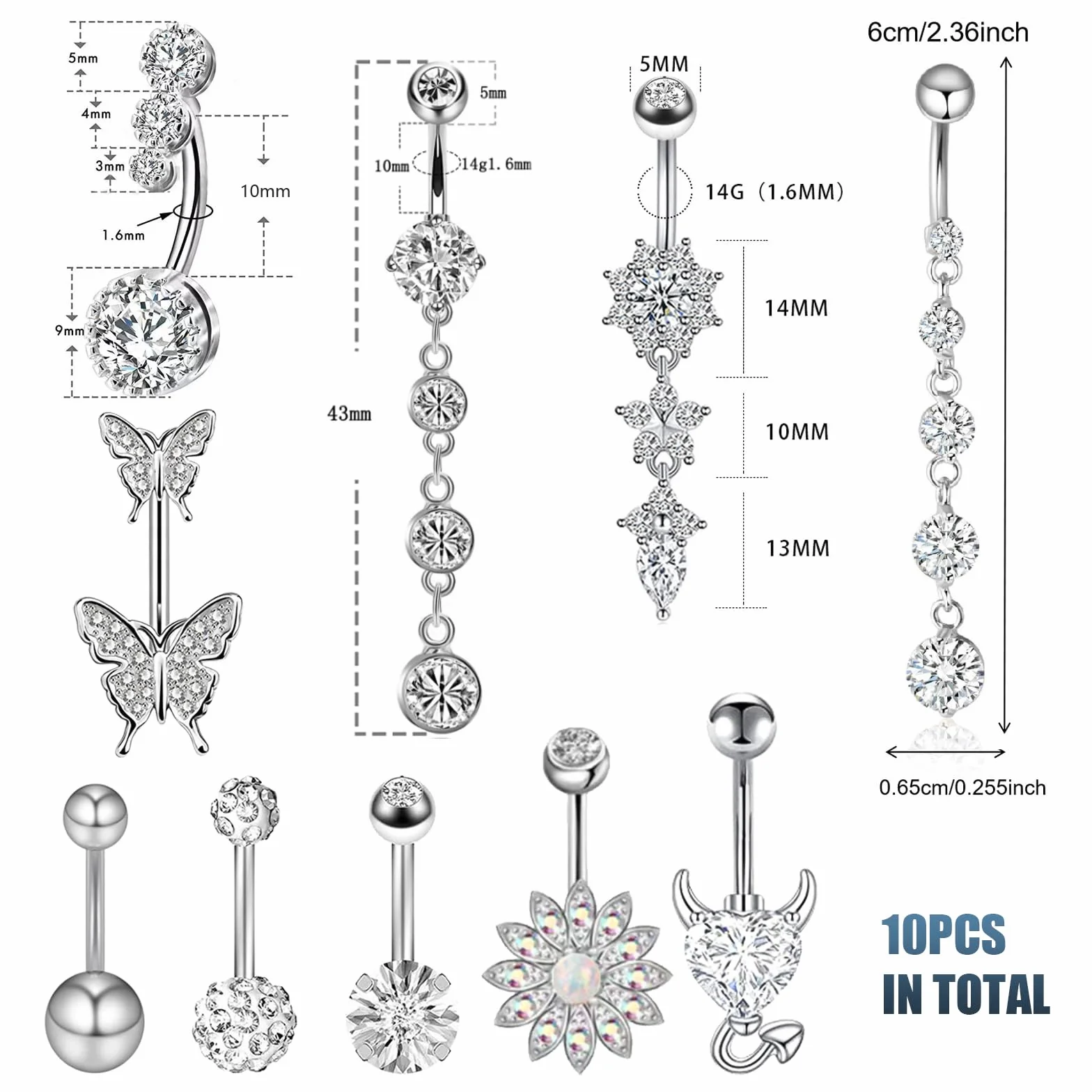 JSTHHTT 10 sztuk kolczyków do pępka dla kobiet w ciąży, piercing do pępka, motyl serce kwiat, zawieszka do pępka, biżuteria damska, piercing do pępka, zestaw, NO