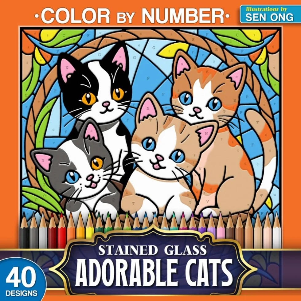 Adorable Cats Stained Glass Color by Number: 40 Heartwarming Feline Portraits