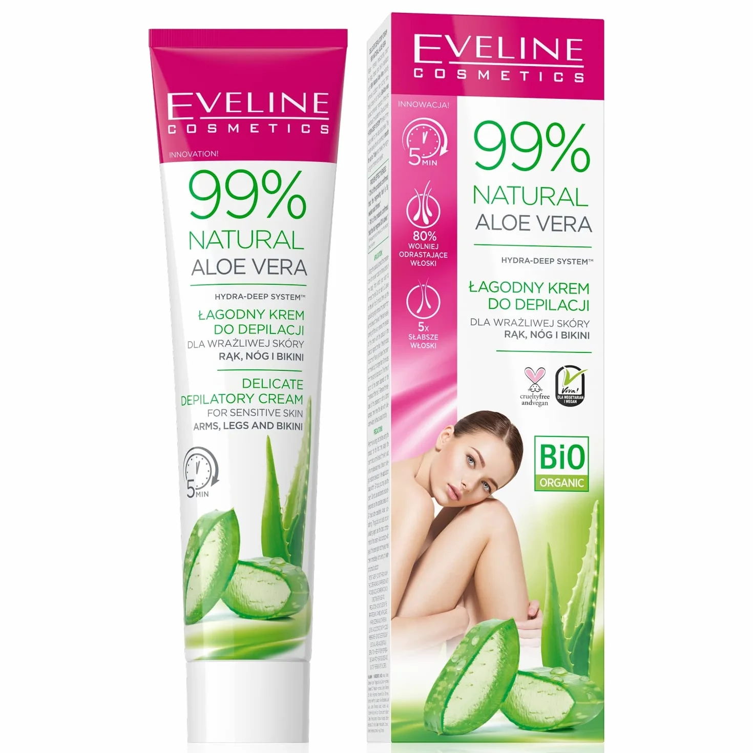 Eveline Cosmetics 99% Natural Aloe Vera Krem do depilacji rąk, nóg i bikini, 125 ml