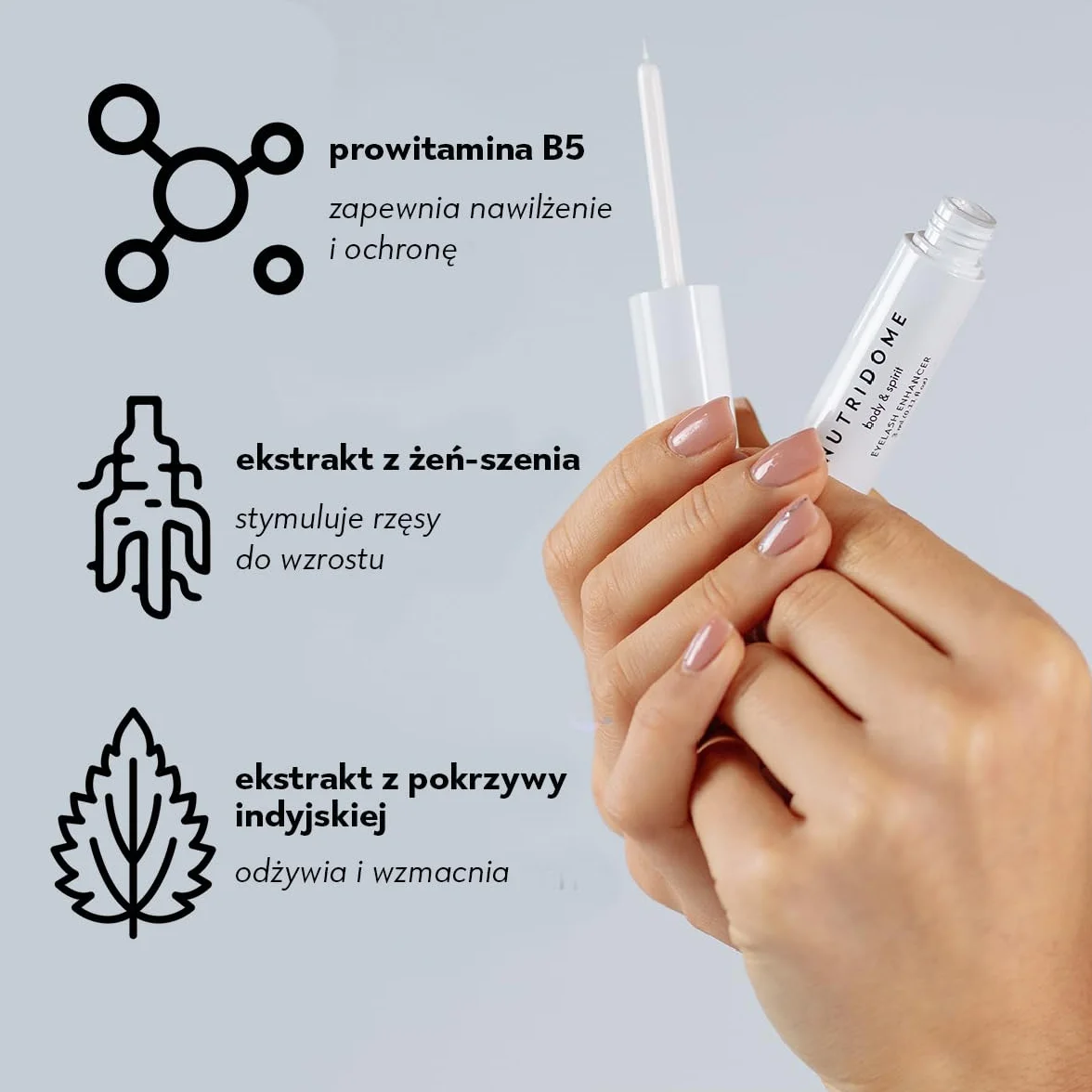 NUTRIDOME Odżywka do rzęs 3ml - silny i szybki wzrost rzęs, przedłuża i zagęszcza rzęsy, kosmetyki naturalne, bez hormonów