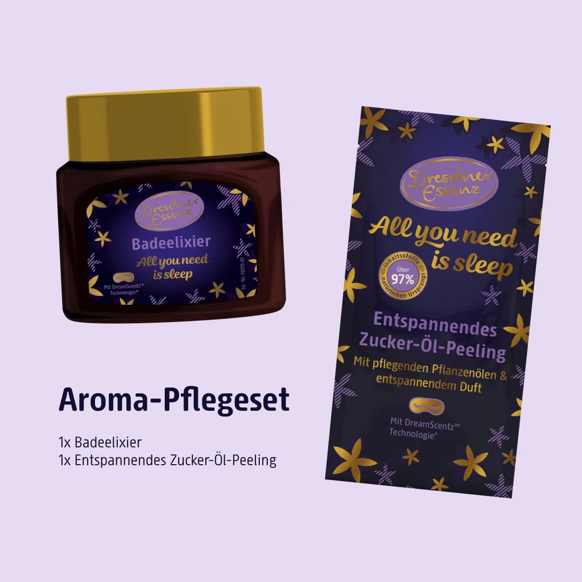 Dresdner Essenz Eliksir do kąpieli All you need is sleep 350 ml + peeling z olejkiem cukrowym 40 g | relaksująca przyjemność z kąpieli | zestaw upominkowy dla kobiety | zestaw rozpieszczający wellness