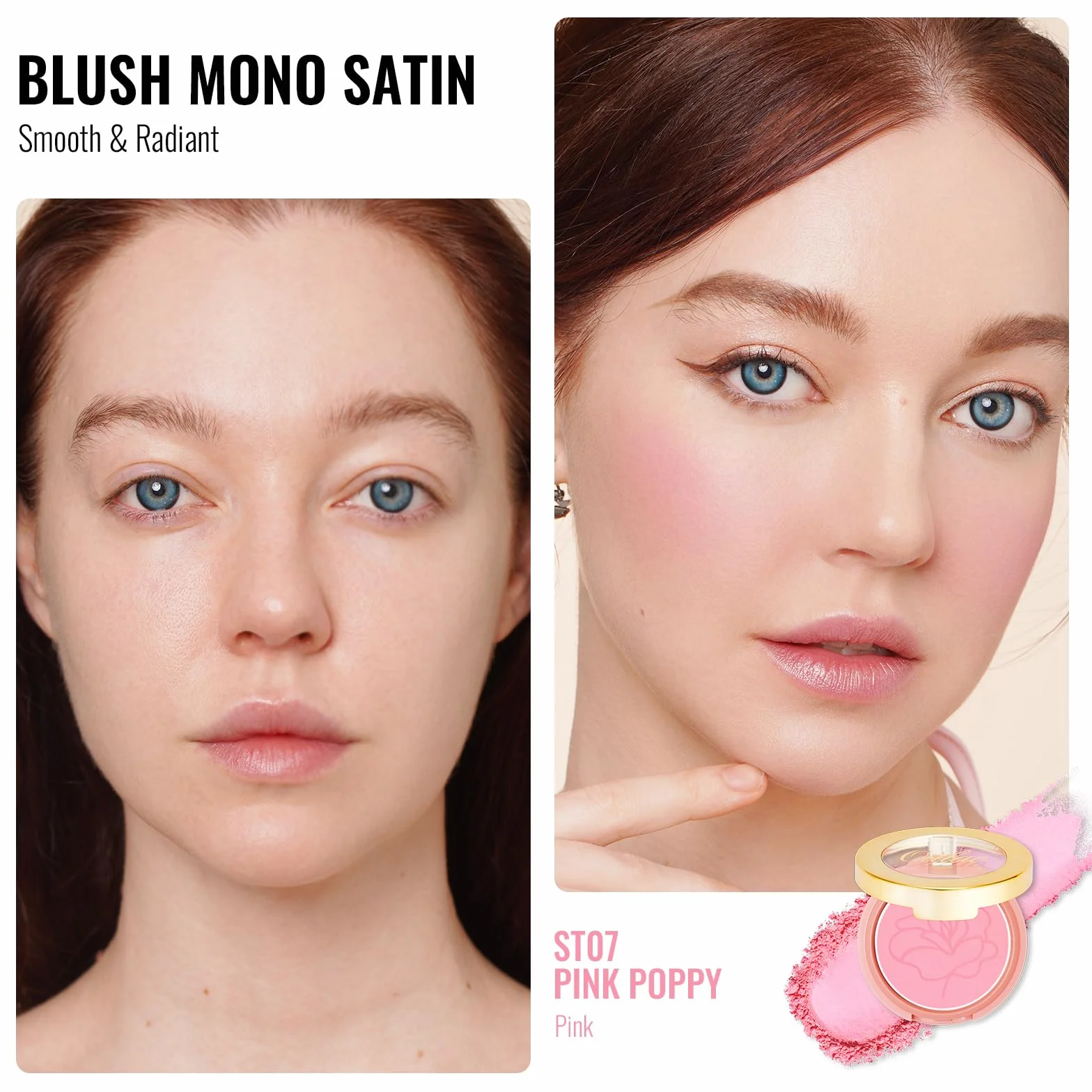 Oulac Satin Blush Make up, rozświetlacz z rumieńcem, długotrwały róż do makijażu, ST07 Pink Poppy