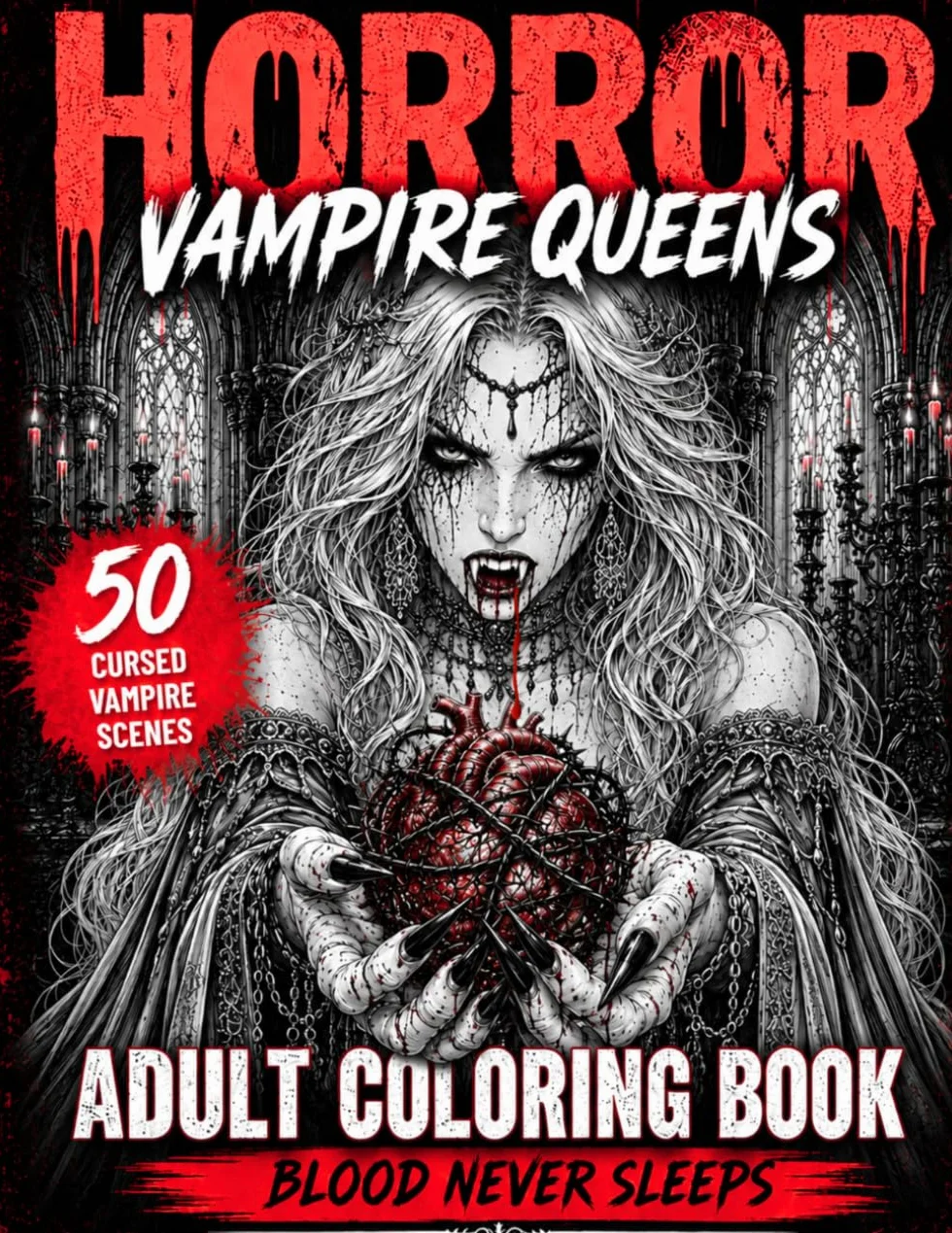 Horror Vampire Queens Coloring Book For Adults: 50 Cinematic Horror Scenes of Vampire Queens, Vampire Balls, Blood Rituals, Dark Romance and Haunted Love Stories for Stress Relief