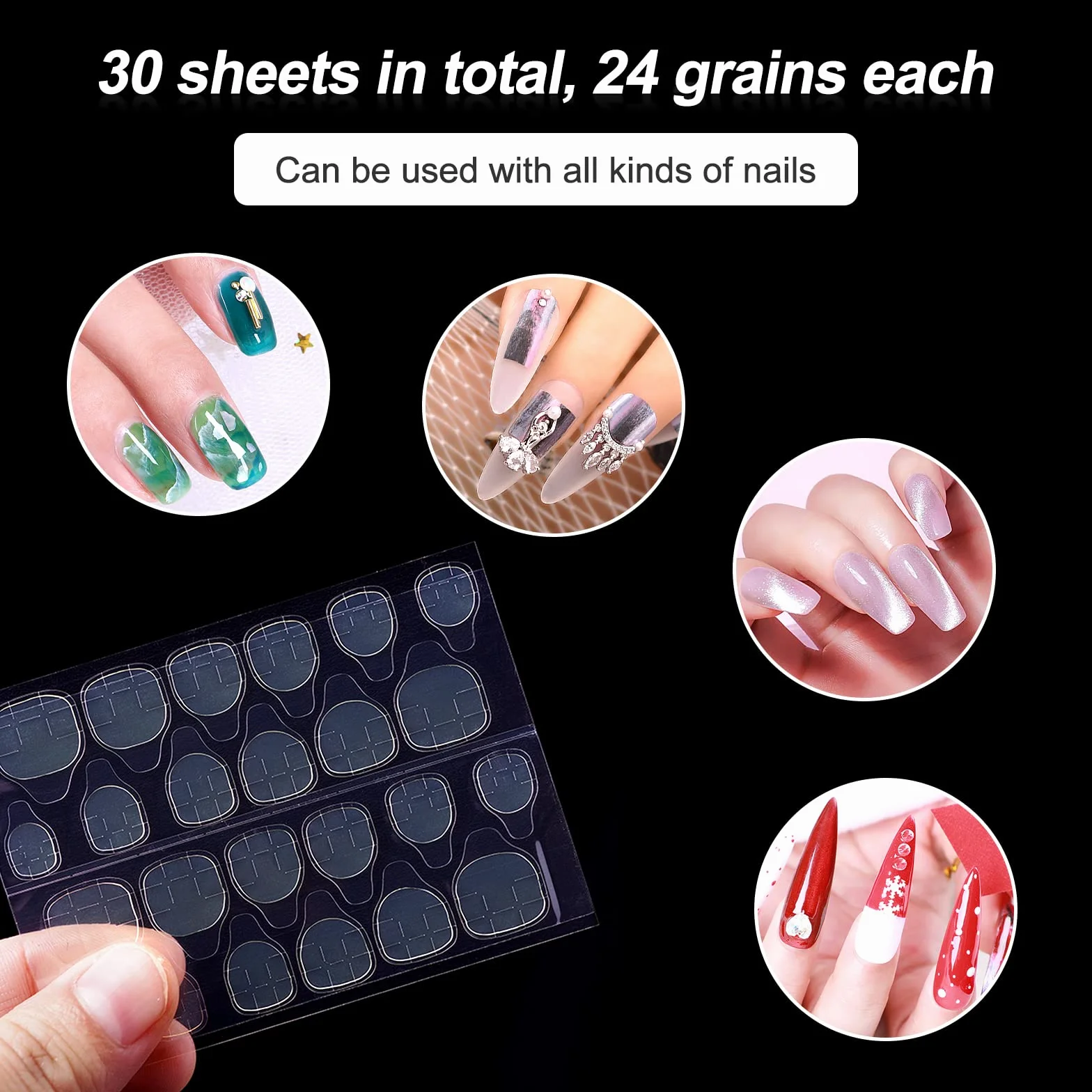 Sularpek Samoprzylepne naklejki na paznokcie, 720 sztuk, 30 arkuszy kleju do paznokci, dwustronne, przezroczyste, do dekoracji manicure