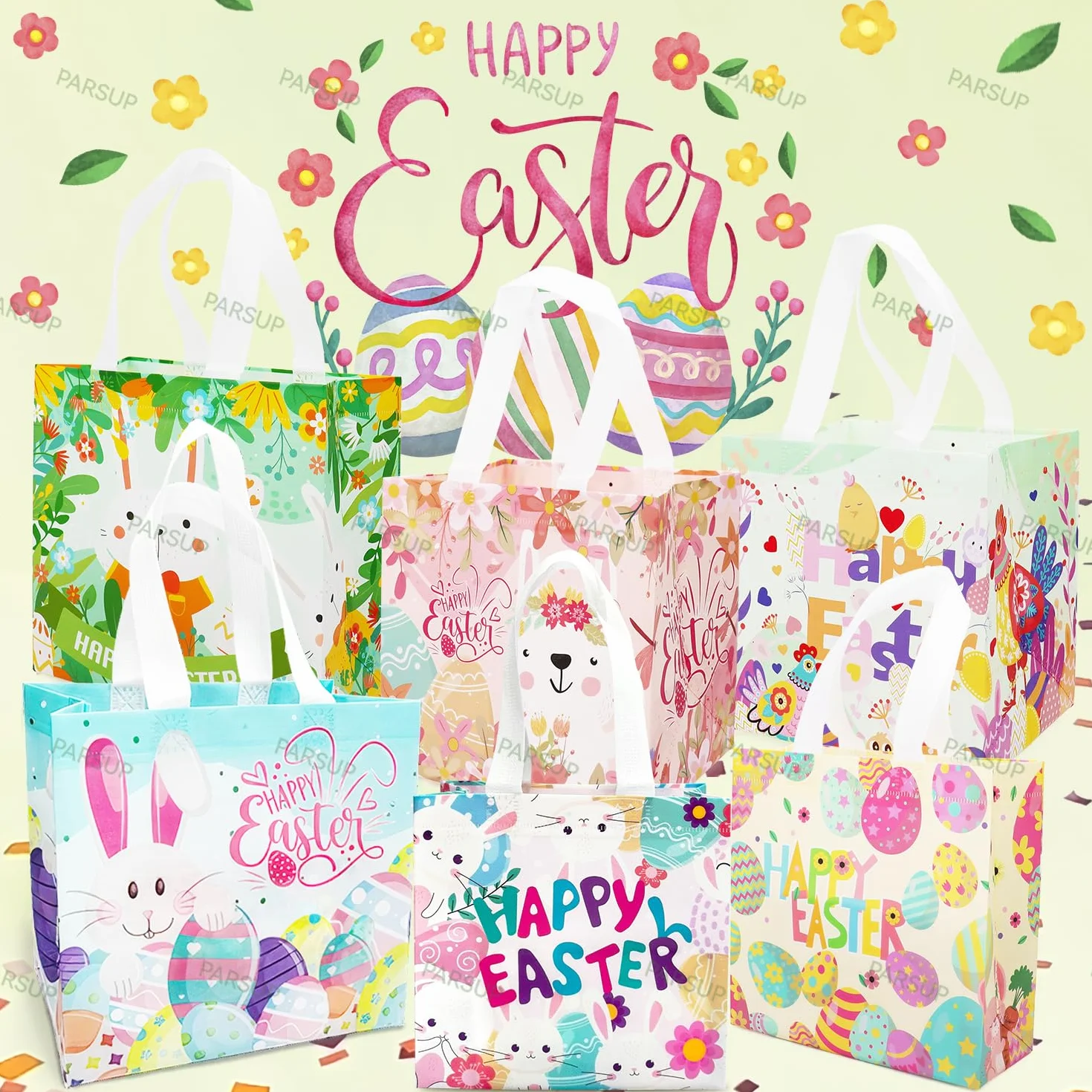 12 szt. Happy Easter Egg Hunt, różne rozmiary, króliczek, marchewka, kurczak, jajko, torebki na prezenty, torby na smakołyki, nietkane torby wielkanocne do pakowania prezentów, polowanie na jajka,