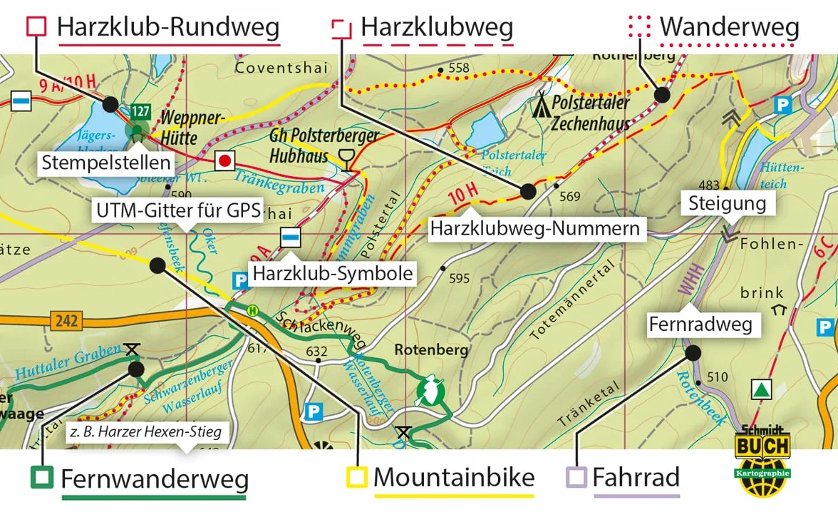 Der Harz in 4 Teilen: Oberharz . Mittlerer Harz . Südharz . Ostharz Wander- und Fahrradkarten