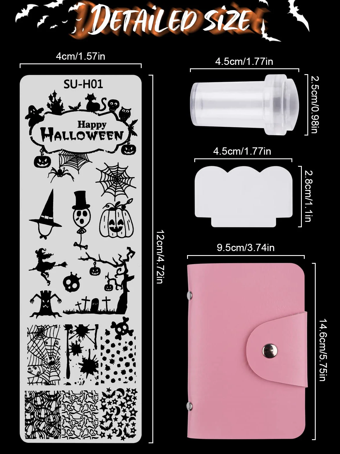 EBANKU 6 szablonów do stempli do paznokci, płytki do stemplowania paznokci, Halloween, czaszka ducha, pajęczyna, dynia, manicure, szablony do manicure, z 1 stemplem + 1 skrobakiem + 1 woreczkiem do