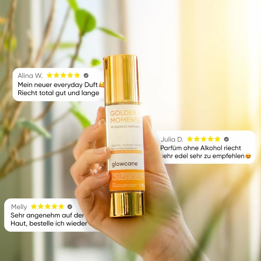 glowcane Golden Moments olejek perfumowany dla kobiet, luksusowy i owocowy zapach, w 100% bez alkoholu, odżywczy kompleks olejków | prezenty dla kobiet | bez szkodliwych substancji, bez okrucieństwa i
