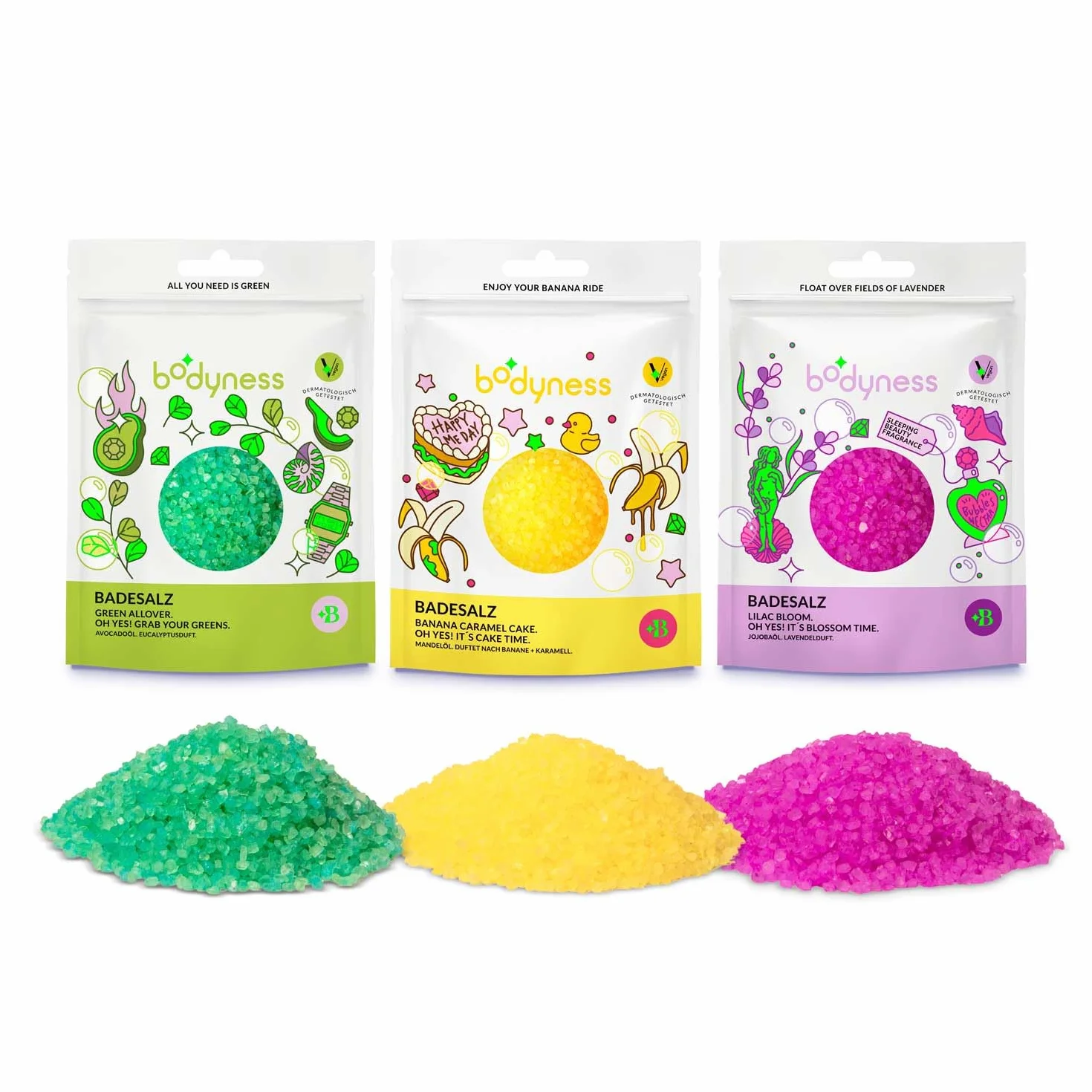 Bodyness Bath Salts – 160 g soli do kąpieli w 3 różnych kolorach i zapachach, dodatek do kąpieli relaksacyjnej