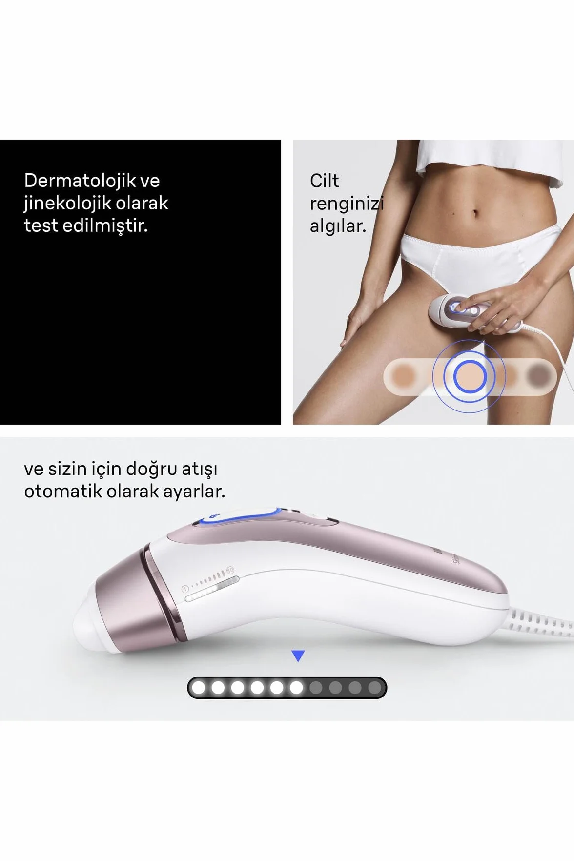 Braun Lumiere Pulsee Intelligent Skin i·expert PL7431 biały brązowy przewodowa depilator IPL 4 głowice aplikacja
