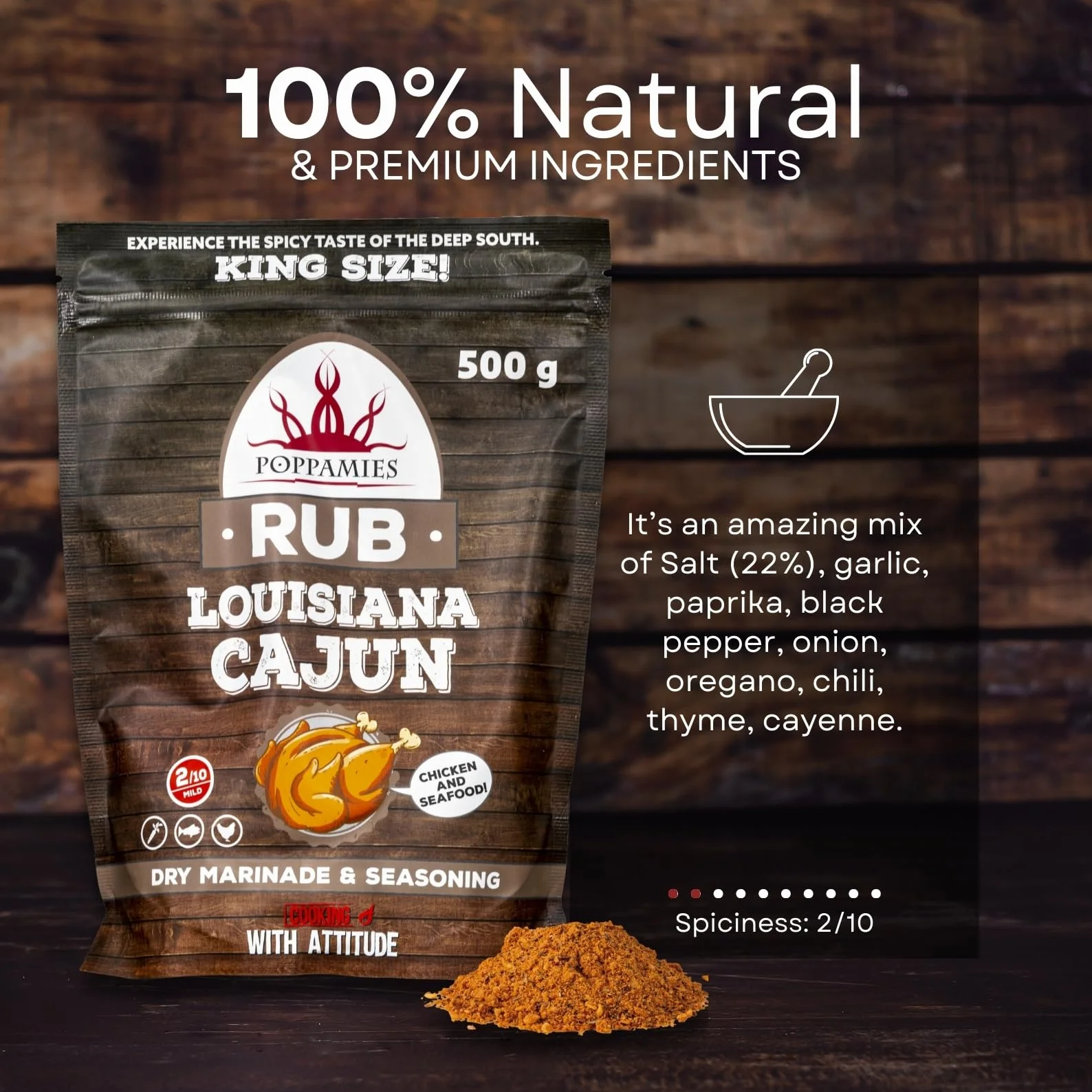 Poppamies Louisiana Cajun BBQ Rub - 100% naturalna przyprawa do grilla - Sucha marynata i przyprawy do kurczaka i owoców morza - duże opakowanie 500g