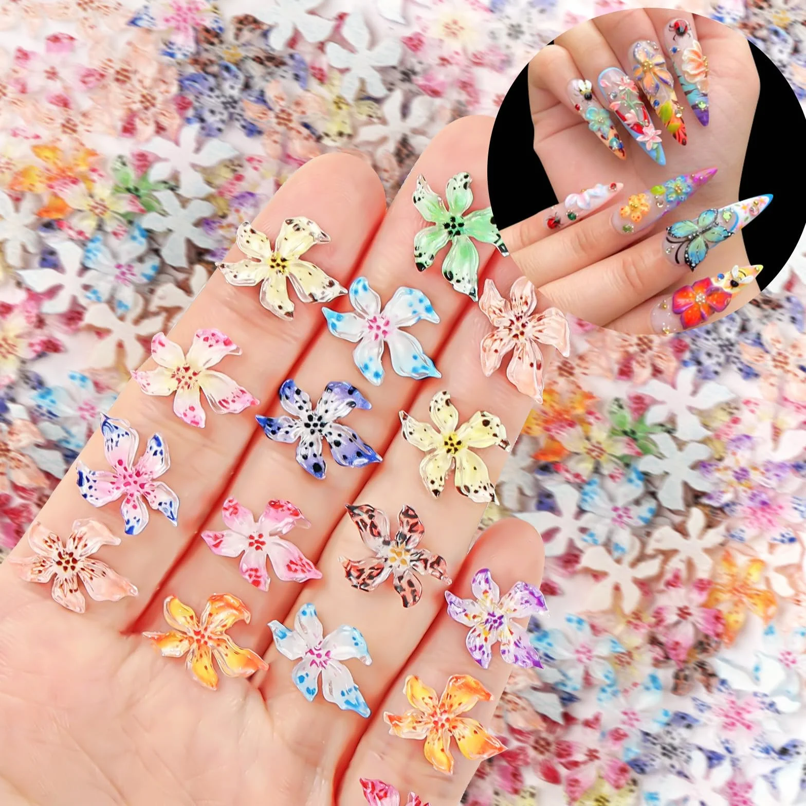 Vicloon Zestaw artystycznych zawieszek do paznokci 60 szt. kwiatowe 3D żywiczne stras DIY manicure