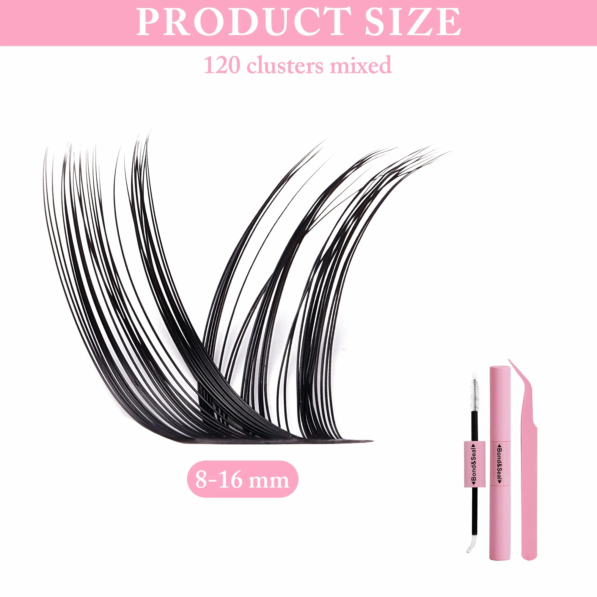 Zestaw klastrów rzęs, DIY Lash Extension Kit z klastrami Manga Lashes, ultra cienka taśma 0,3 mm, naturalny brąz, mieszanka 8–16 mm, 1 zestaw zawierający pęsetę i klej do biznesu/randki/ślubu