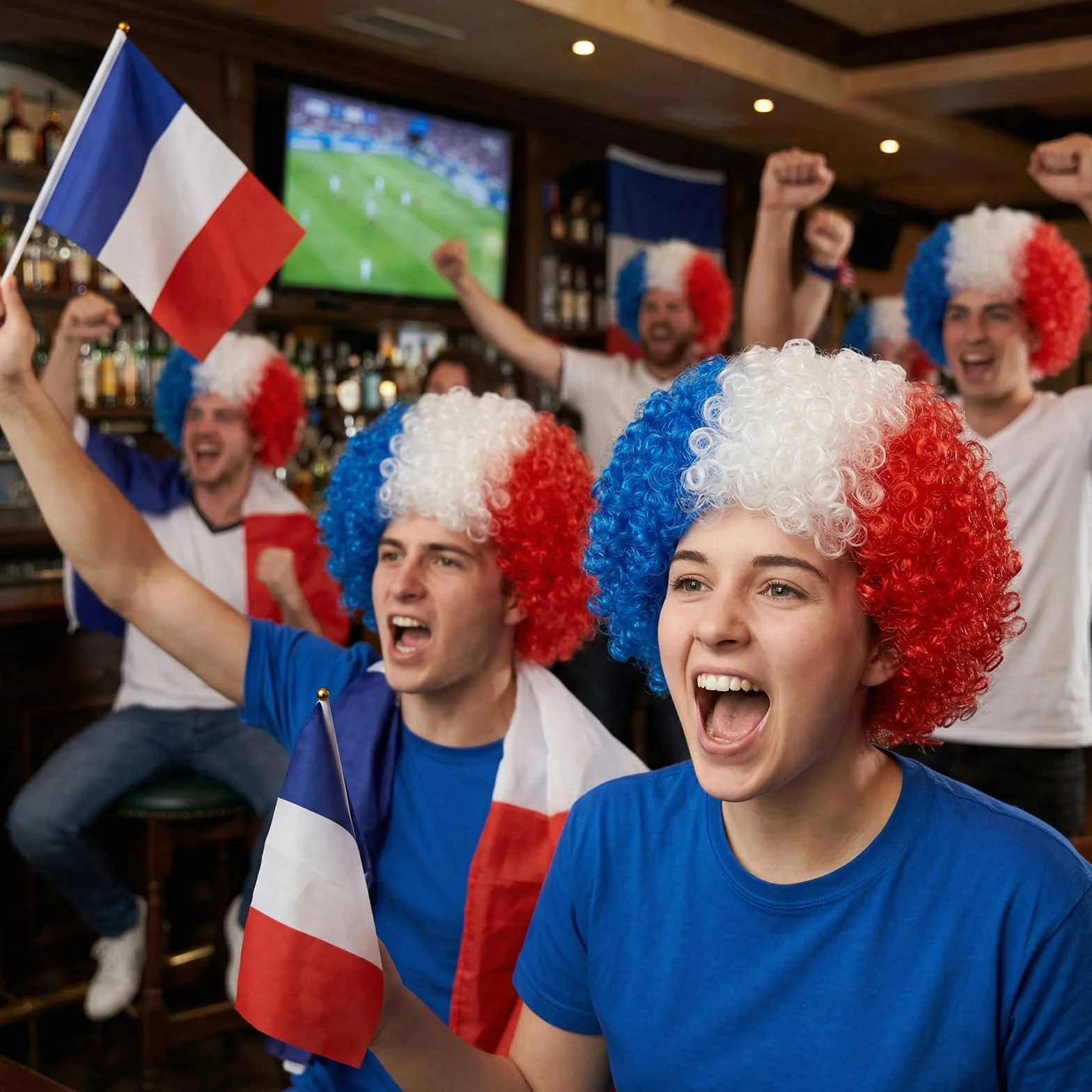 Peruka Kibica Francja Styl Afro Niebiesko-Biało-Czerwona Oddychająca Sztuczna Włosy Tricolore na MŚ 2026