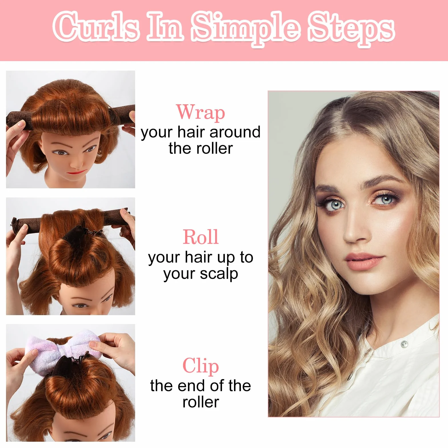 Yuanchu Taśma Heatless Curls do włosów bez ciepła, brązowa, do wszystkich rodzajów włosów, lokówka z haczykami
