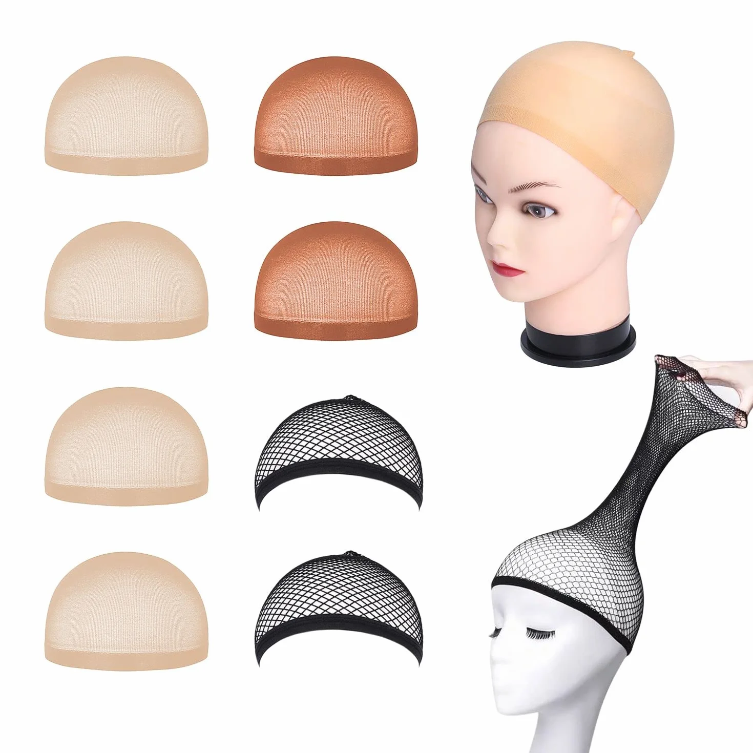8 szt. czapek do peruk, kosmetyki unisex, 4 kolorowe elastyczne nylonowe nakładki do włosów + 2 brązowe nylonowe czapki do włosów i 2 czarne czepki na perukę