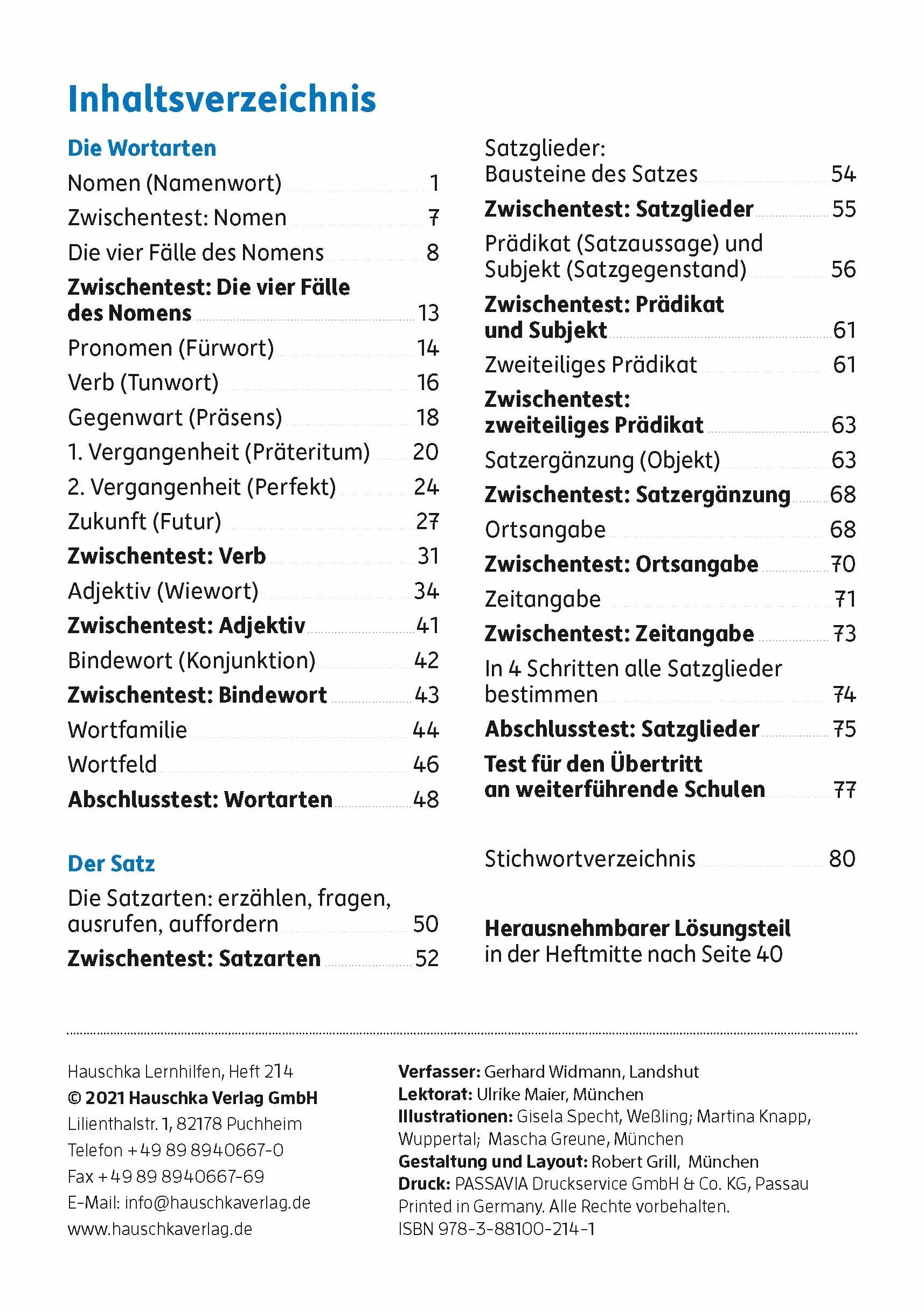 Grammatik 4. Klasse: Einfache Wortarten und Satzglieder (Sprachbetrachtung), Übungsprogramm mit Lösungen für die 4. Klasse (Vorbereitung für den Übertritt an weiterführende Schulen): 214