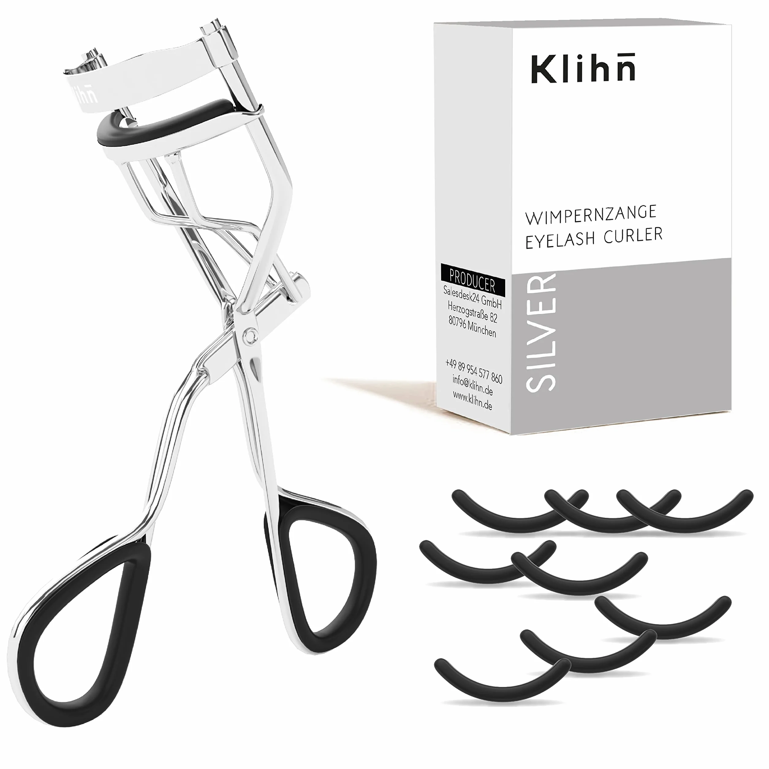 Ekskluzywne zalotki do rzęs, eyelash Curler w zestawie 8 dodatkowych gumowych podkładek – narzędzie do makijażu idealnie wygiętych rzęs z wysokiej jakości stali węglowej (srebrne)