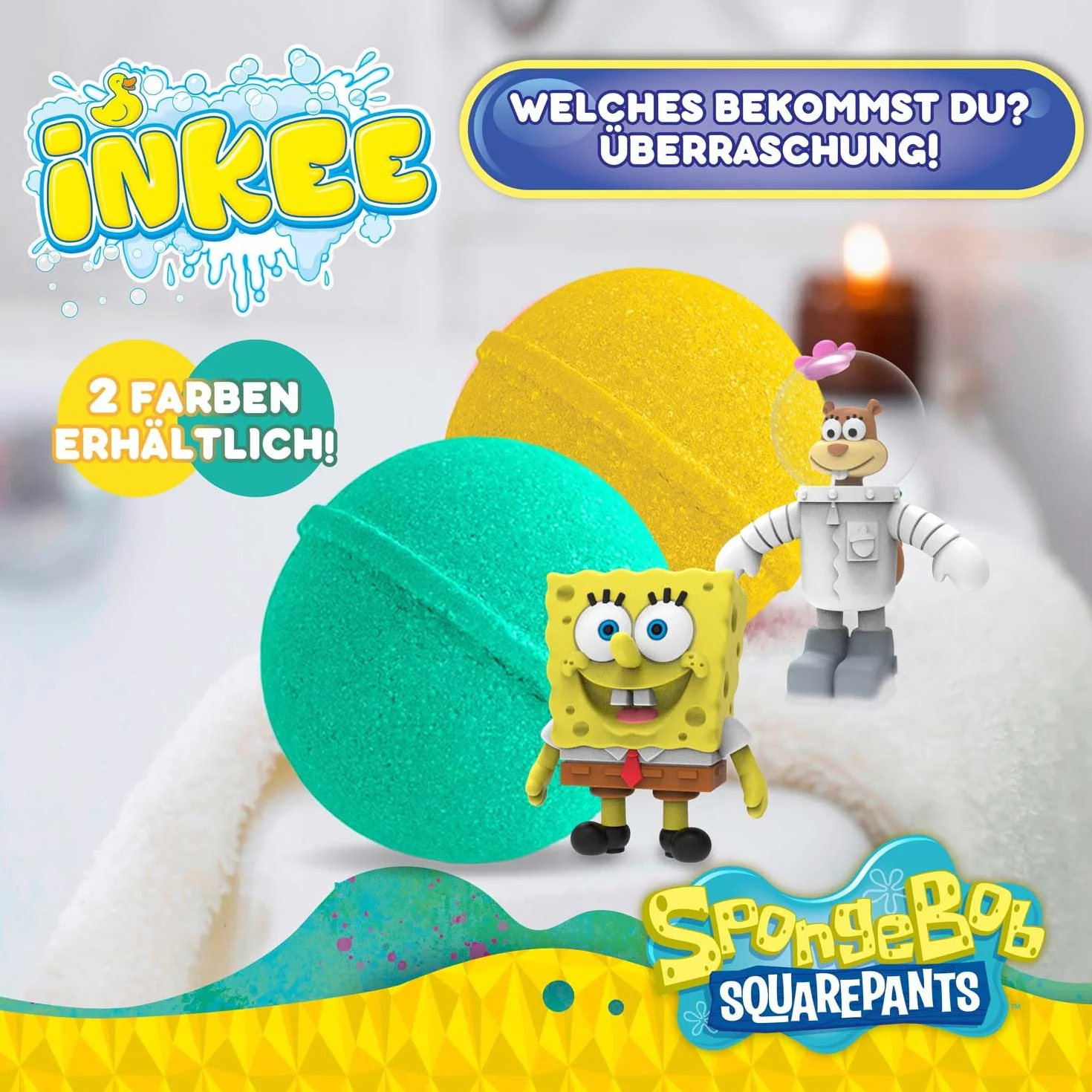 INKEE SpongeBob Bomba do Kąpieli dla Dzieci z Niespodzianką Figurki Kula 80g Aromat Burger-Gumy Olej Jojoba Turkusowa Żółta