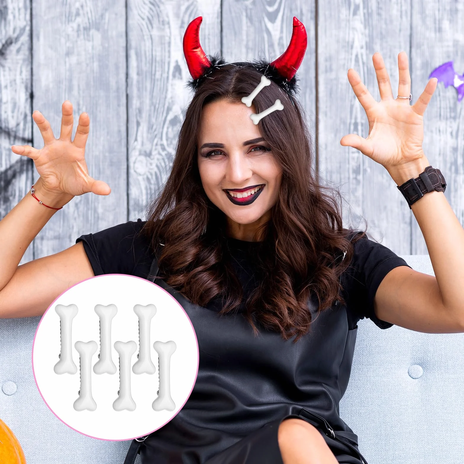 6 sztuk spinek do włosów w kształcie kości, z tworzywa sztucznego, spinki do włosów dla kobiet, Kawaii, akcesoria do kości, na Halloween, spinki do włosów z kością, cosplay, akcesoria do włosów