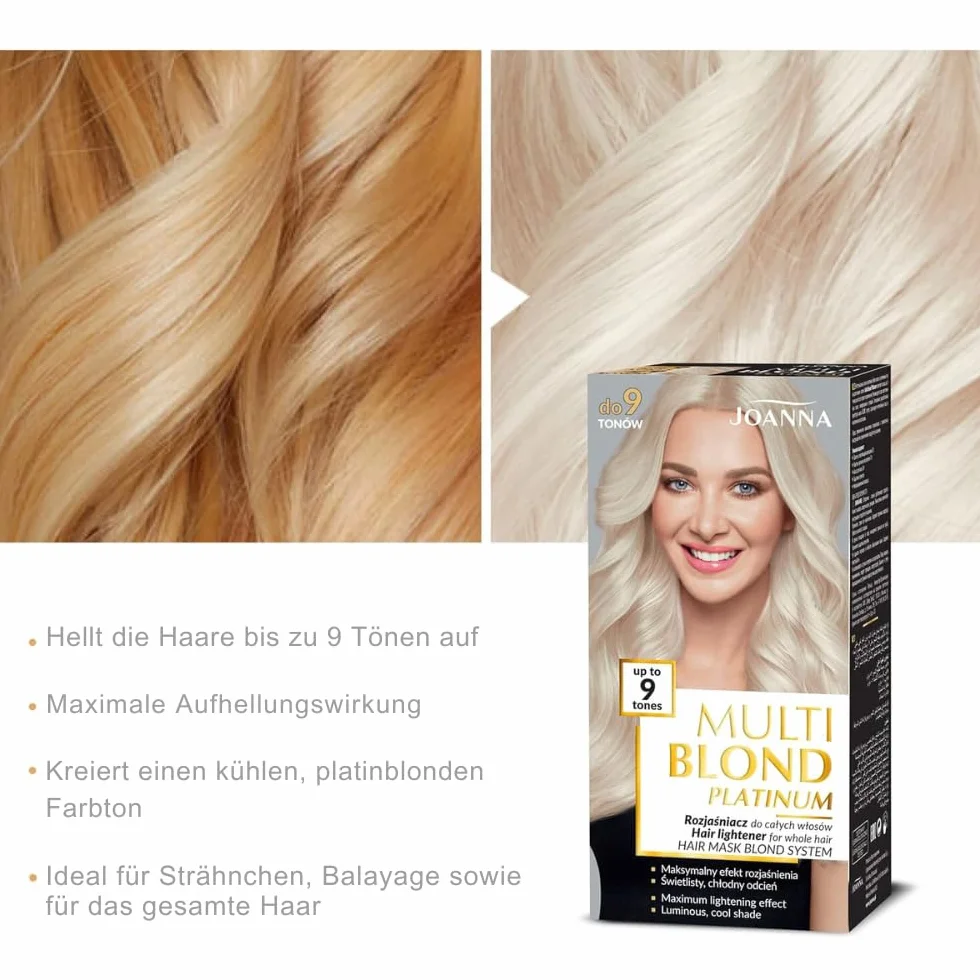 Joanna Multi Blond Platinum rozjaśniacz do wszystkich włosów – rozjaśnia włosy o 9 tonów – chłodniejszy odcień – chroni włosy podczas zabiegu