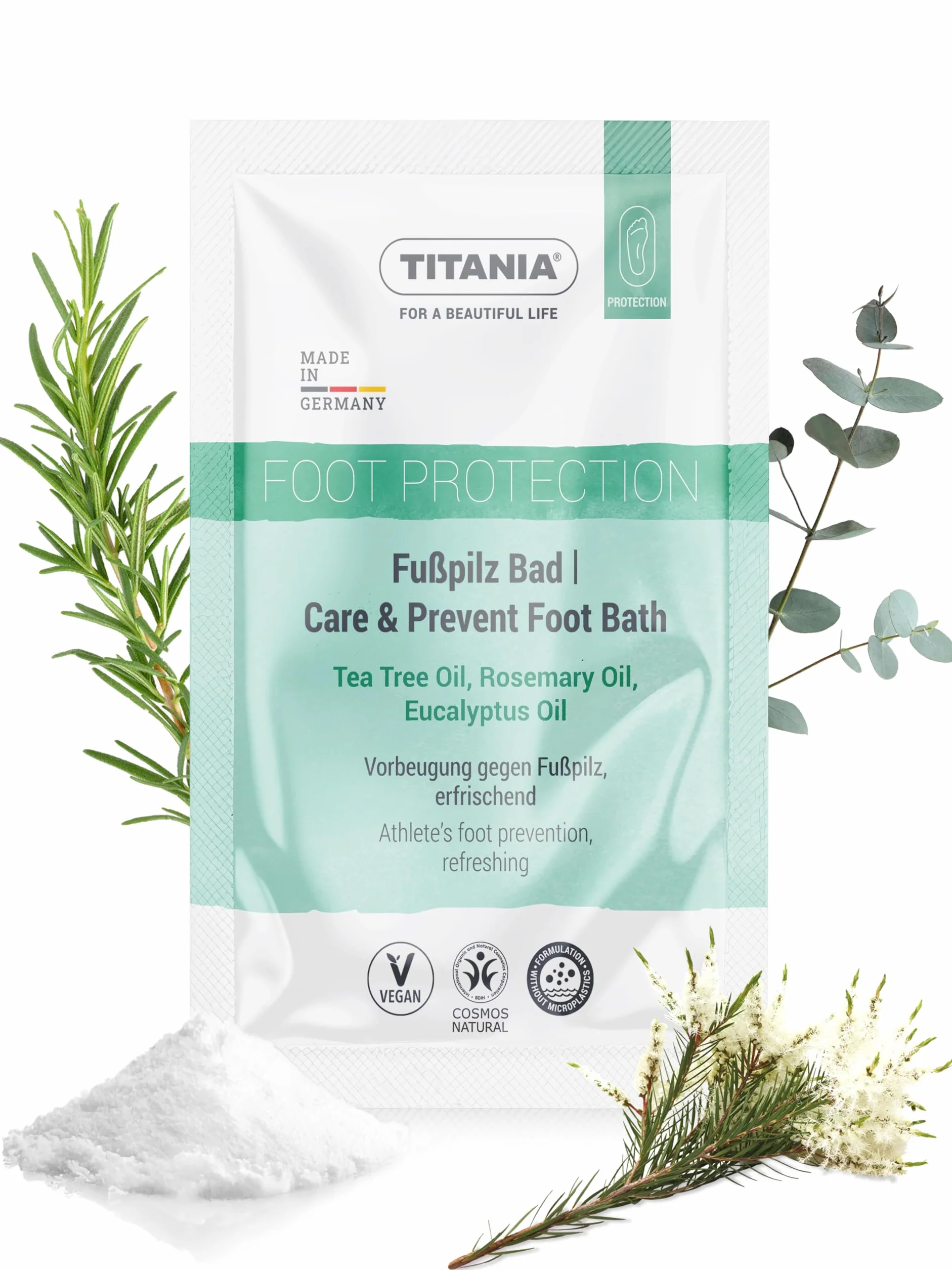 TITANIA® Sól do kąpieli stóp 40 g z olejkiem z drzewa herbacianego do zapobiegania grzybicy stóp, naturalna pielęgnacja stóp z rozmarynem, miętą i eukaliptusem, wegańska, bez mikroplastiku, testowana