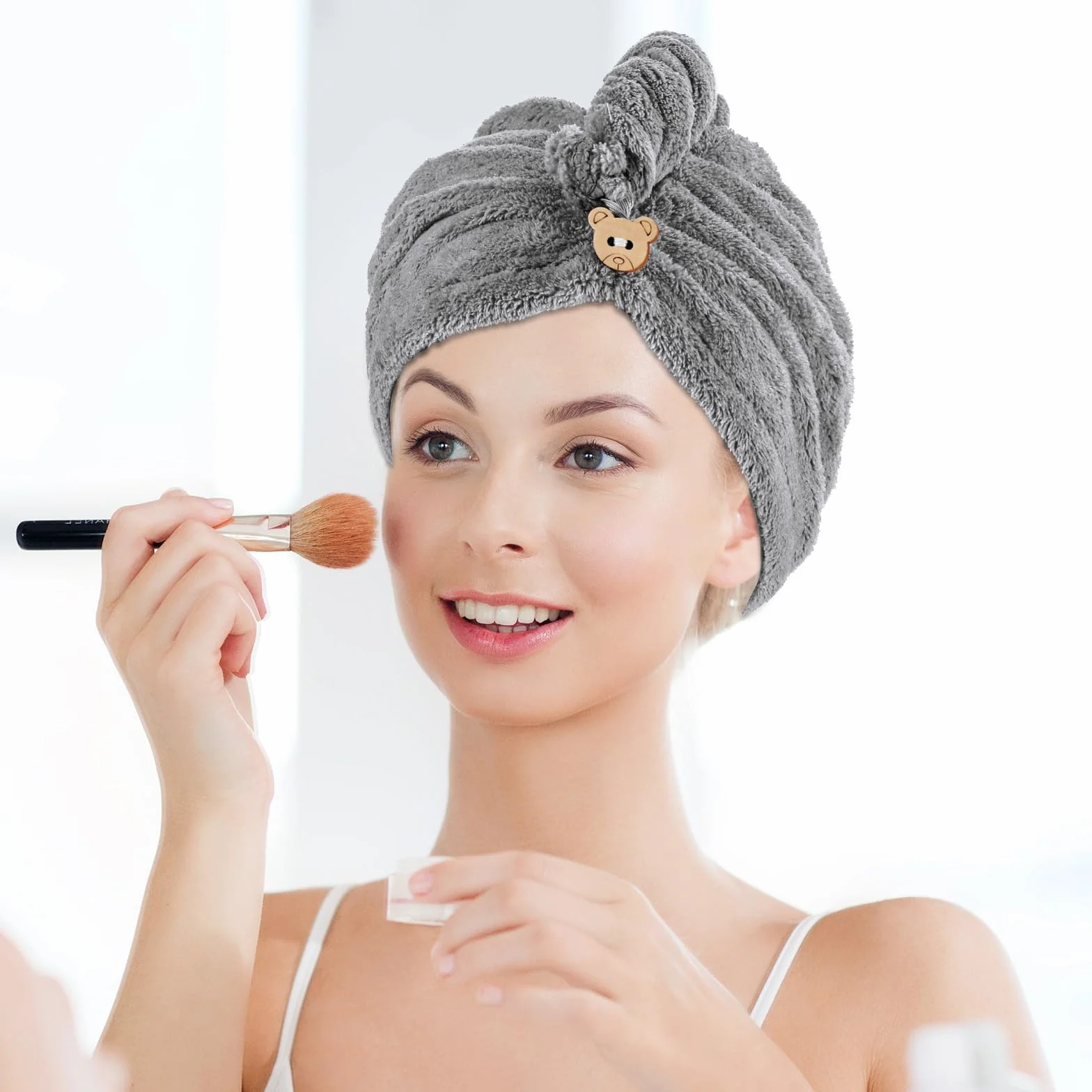 oruola Ręcznik do włosów, z mikrofibry, chłonny turban do włosów, szybkoschnący, turban z guzikiem, czepki do włosów do suszenia włosów, ręcznik z mikrofibry, do domu, podróży (kolor szary)