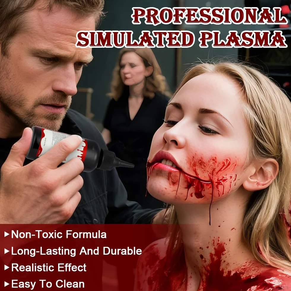 Sztuczna krew makijaż Halloween zestaw 6 sztuk 2×60ml Kapiąca 50ml Zakrzepła plazma krwi Gąbka stipple 2×Zszyte blizny tatuaże Fake Blood realistyczna SFX