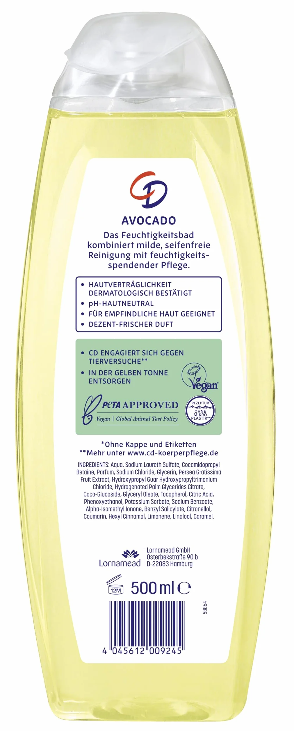 CD Kąpiel nawilżająca "Awokado", 1 x 500 ml, wegański dodatek do kąpieli, pielęgnuje i nawilża, o delikatnym, świeżym zapachu, pielęgnacja ciała bez mydła