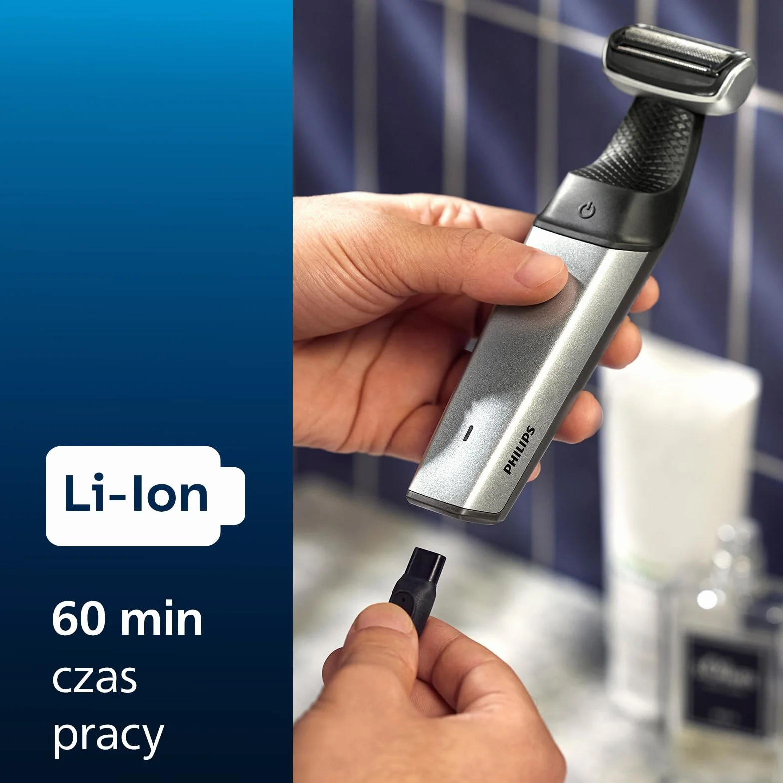 Philips Bodygroom 5000, Trymer do Pachwin i Ciała z Możliwością Użytkowania pod Prysznicem, Dokładne i Wygodne Golenie, Pielęgnacja Całego Ciała, w Tym Pleców, 60 Min Czas Pracy, Model Bg5021/16