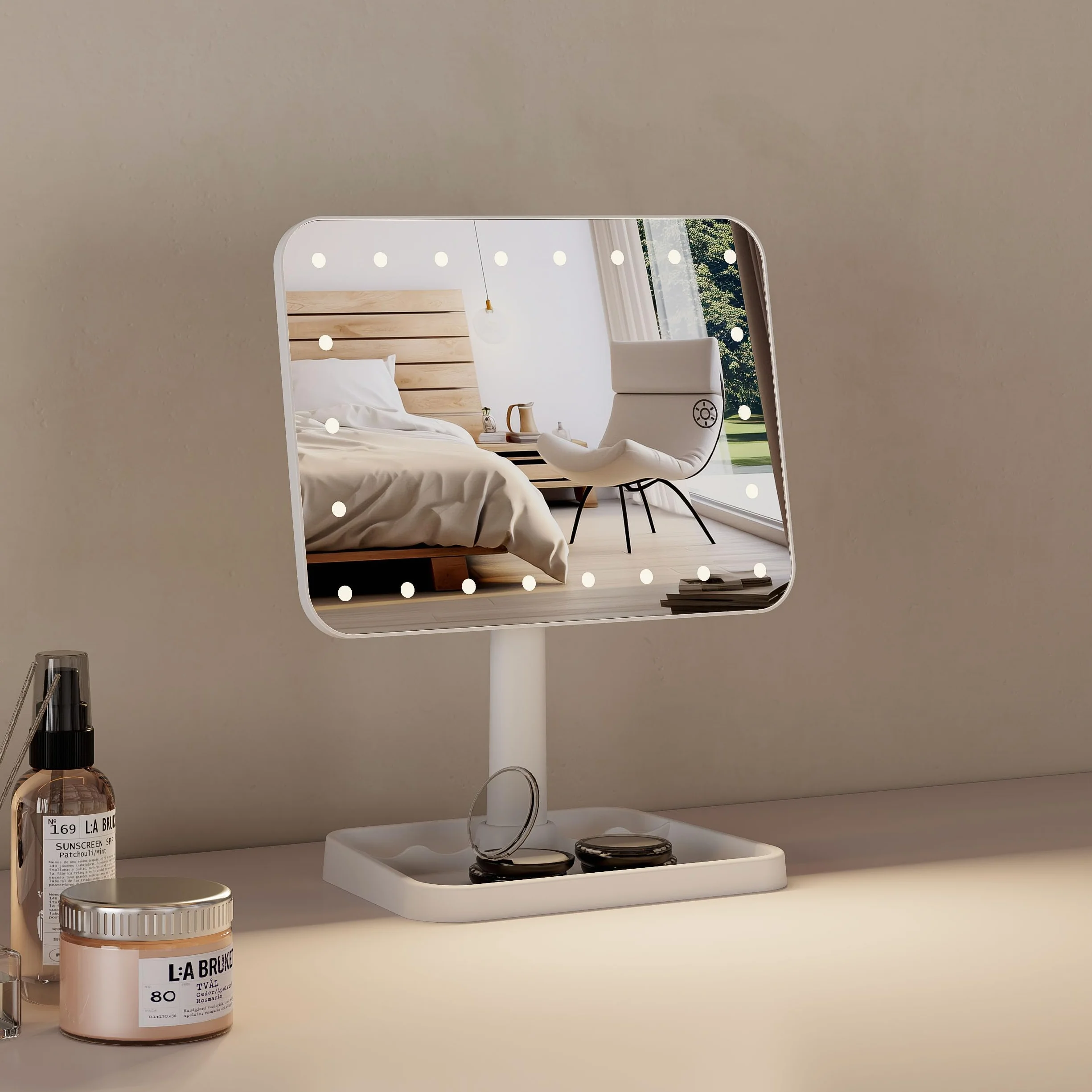 Lusterko kosmetyczne z oświetleniem LED, okrągłe stołowe, obracane 360°, dotykowe
