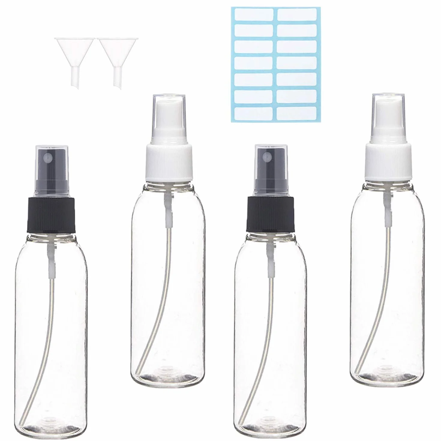 ILLUVA Mała butelka z rozpylaczem 100 ml, atomizer pusta, rozpylacz perfum, przenośny zestaw butelek podróżnych, z lejkiem, atomizerem (4 x 100 ml)