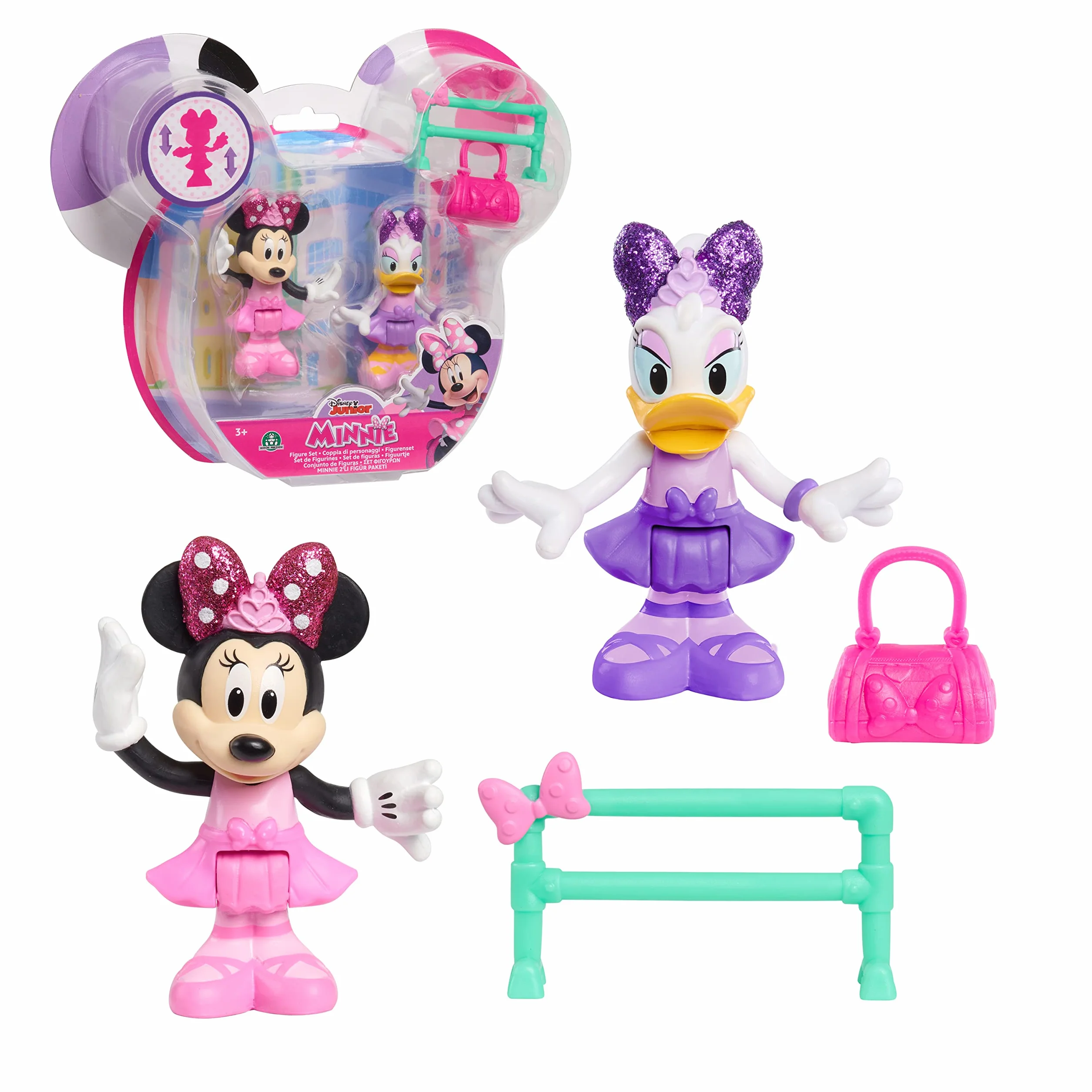 Just Play 89961 Disney Junior ruchome figurki kolekcjonerskie, zestaw do zabawy z torbą i drążkiem, 2-pak, zestaw baleriny Minnie Mouse i Daisy Duck, 5 cm, od 3 lat, wielokolorowy