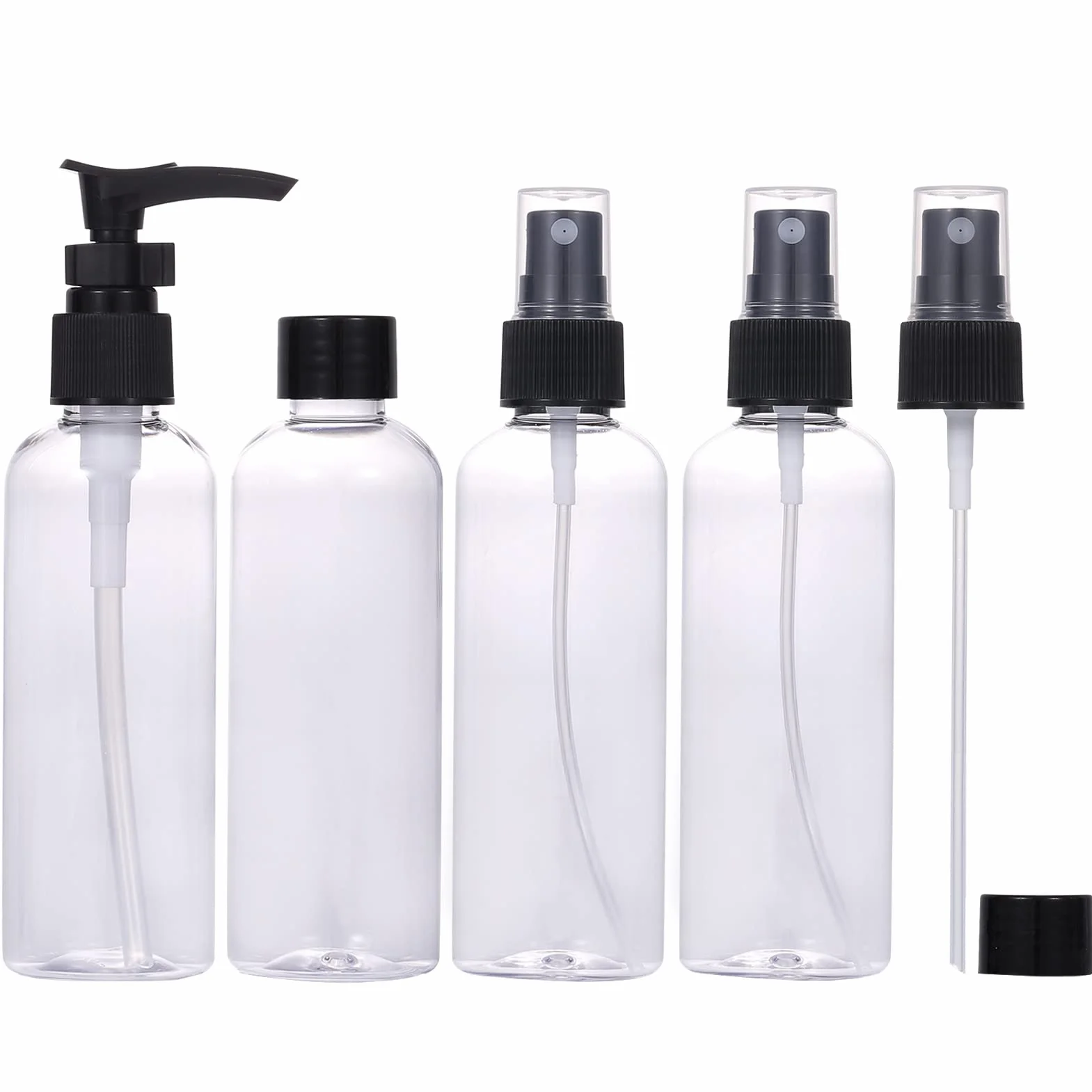 Zestaw plastikowych butelek podróżnych, 4 szt. szczelne puste butelki z rozpylaczem / pompką z pokrywkami i przezroczystą torbą do przenoszenia, 100 ml, butelki podróżne na szampon, odżywkę, balsam,