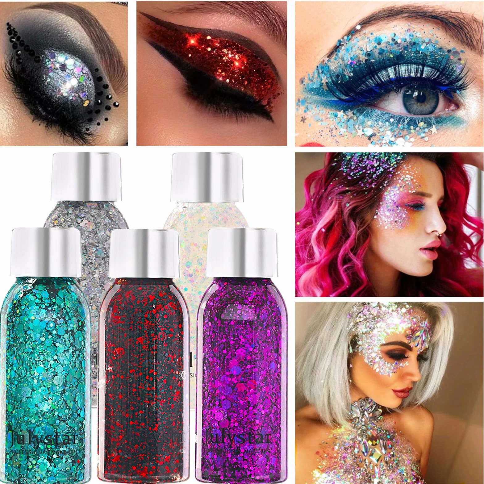 5 sztuk Body Glitter Gel, Glitter Gel Face, Festival Glitter Face, Mermaid Sequins Chunky Glitter Liquid Gel, Glitter Make-up for Masquerade Christmas Festival Party Decoration
