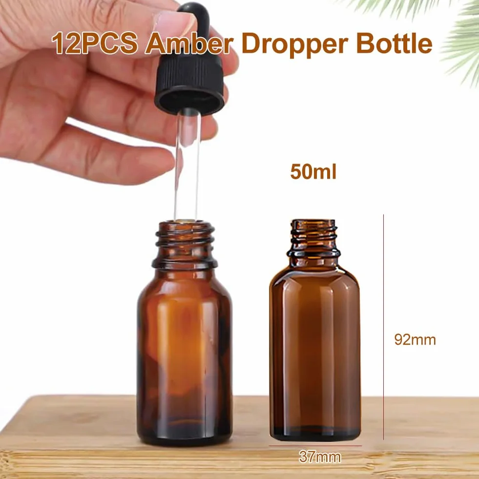 Butelka apteczna, szklana, z pipetą, brązowa, do olejków eterycznych, aromaterapii, butelka z pipetą, płyn (50 ml, 10 szt.)