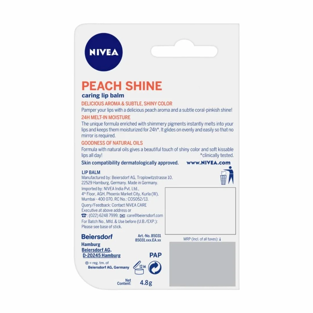 NIVEA Peach Shine Nawilżająca pomadka do ust z masłem shea, pielegnującymi olejkami i witaminami 4,8 g