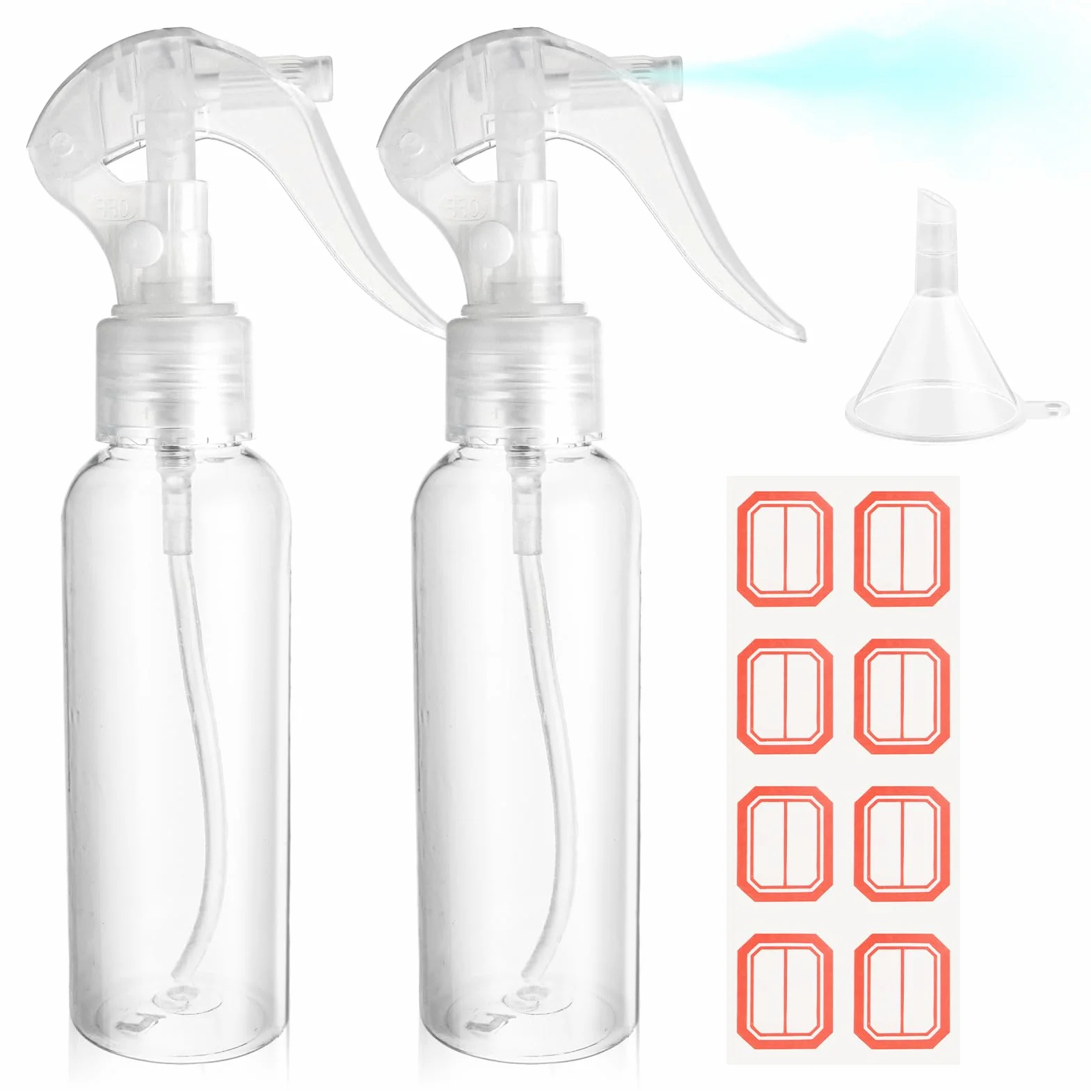 WLLHYF Zestaw 2 małych butelek z rozpylaczem 100 ml, z tworzywa sztucznego, przezroczyste, puste butelki podróżne, delikatna mgiełka, pojemnik na płyn do salonów, olejki eteryczne