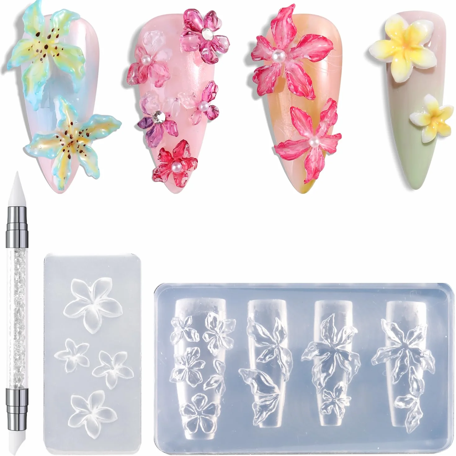Nails Mold, 2 sztuki, zestaw do zdobienia paznokci z żelową formą do paznokci 3D, silikonową formą kwiatową, szablony do stempli, do paznokci