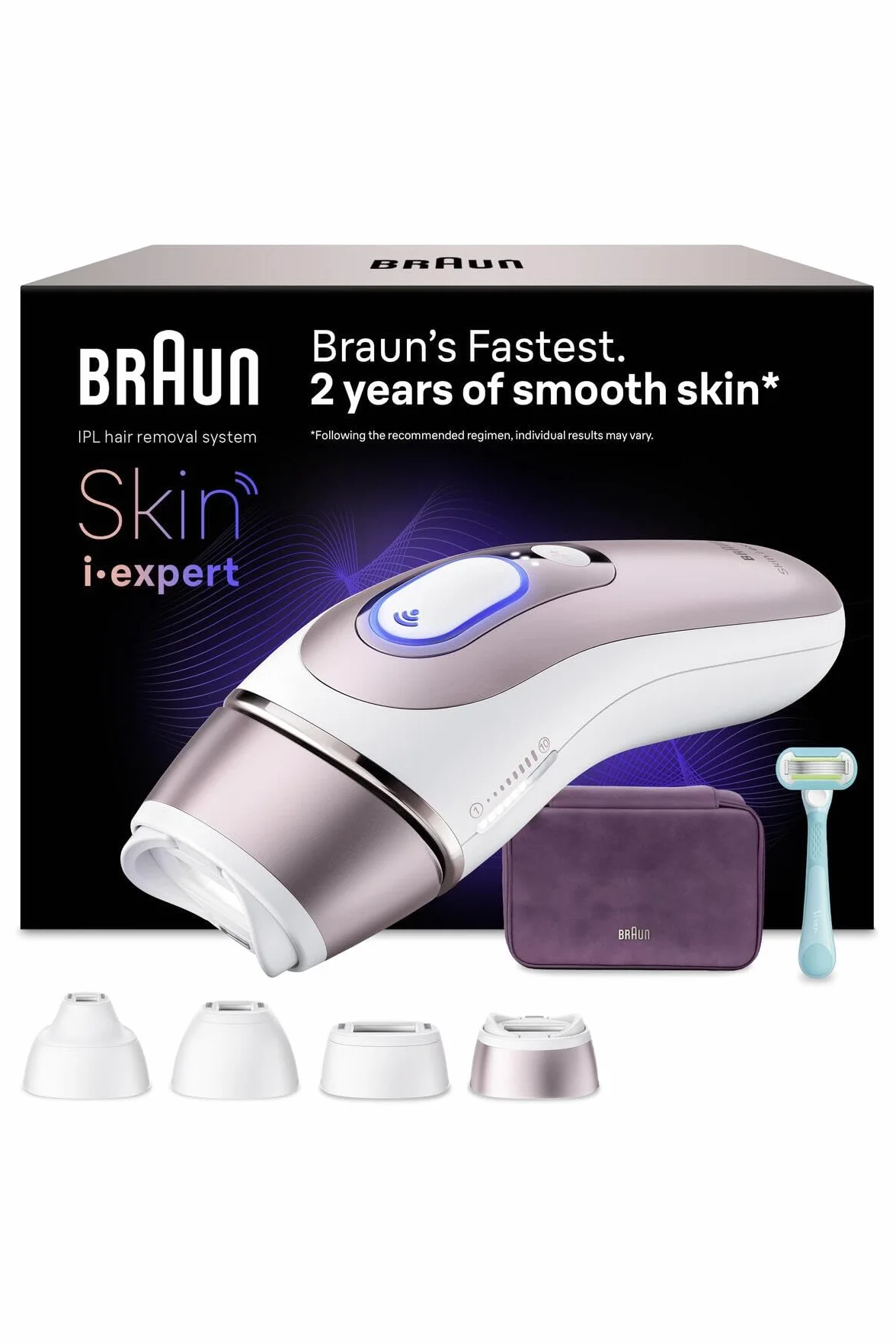 Braun Lumiere Pulsee Intelligent Skin i·expert PL7431 biały brązowy przewodowa depilator IPL 4 głowice aplikacja
